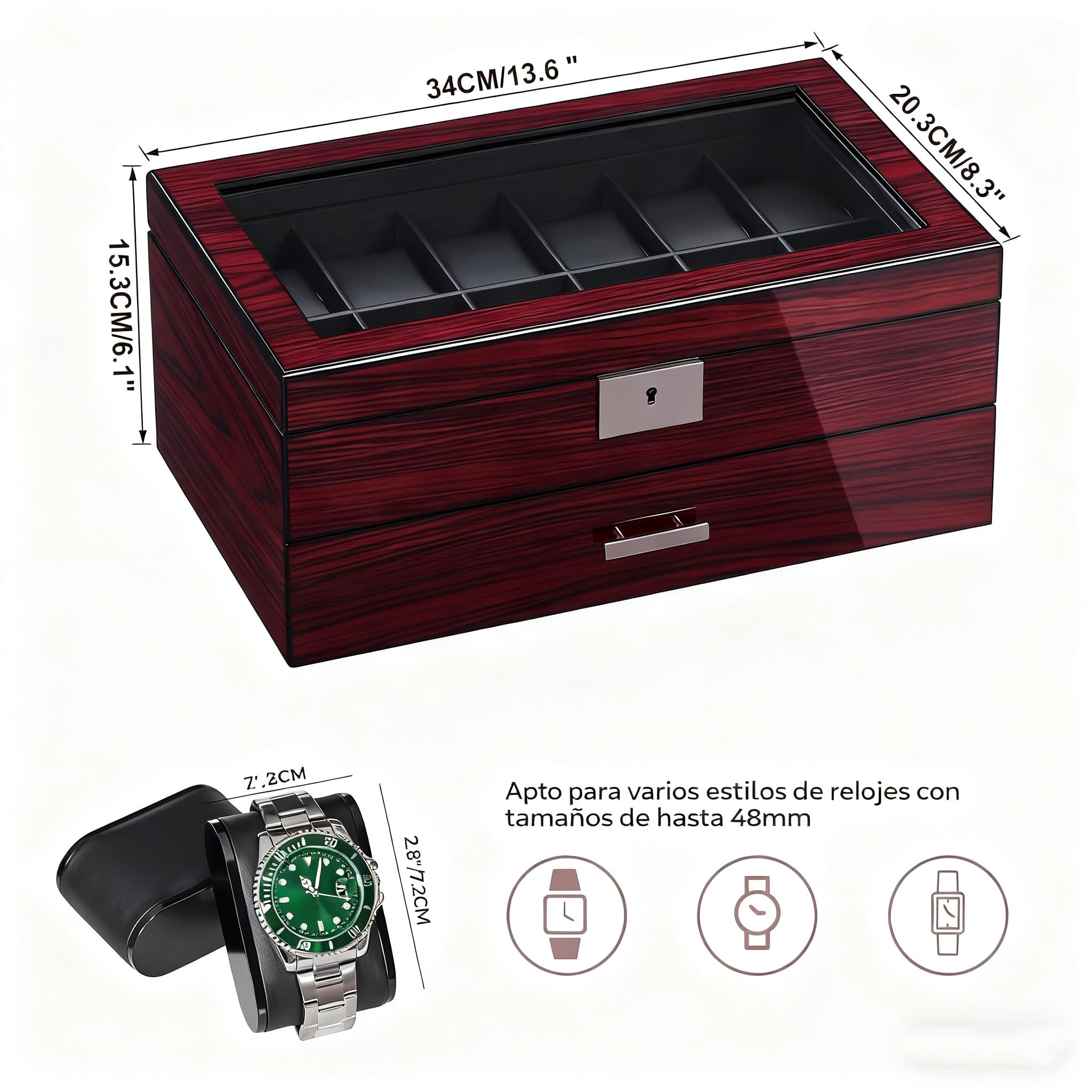 ANWBROAD Caja de reloj de 12 ranuras para hombre con tapa de cristal grande, 2 niveles, organizador de relojes con cerradura, organizador de relojes de lujo para regalo JWB003Y