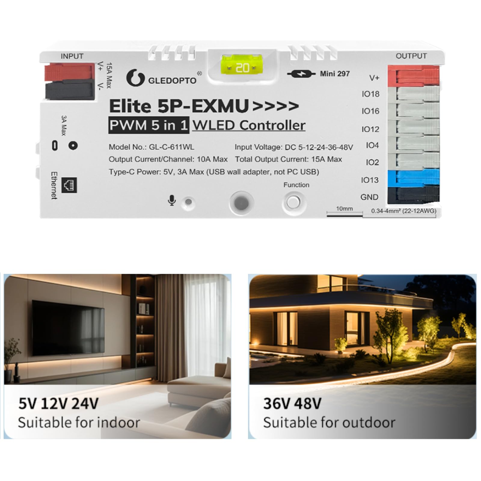 Controlador LED Elite 5P-EXMU WLED, Controlador LED PWM 5-1 para Tiras LED RGB/RGBW/RGB+CCT/CCT/Regulador de Intensidad, Ethernet + WiFi, APP/Mando a Distancia, Compatible con Alexa y Home Assistant
