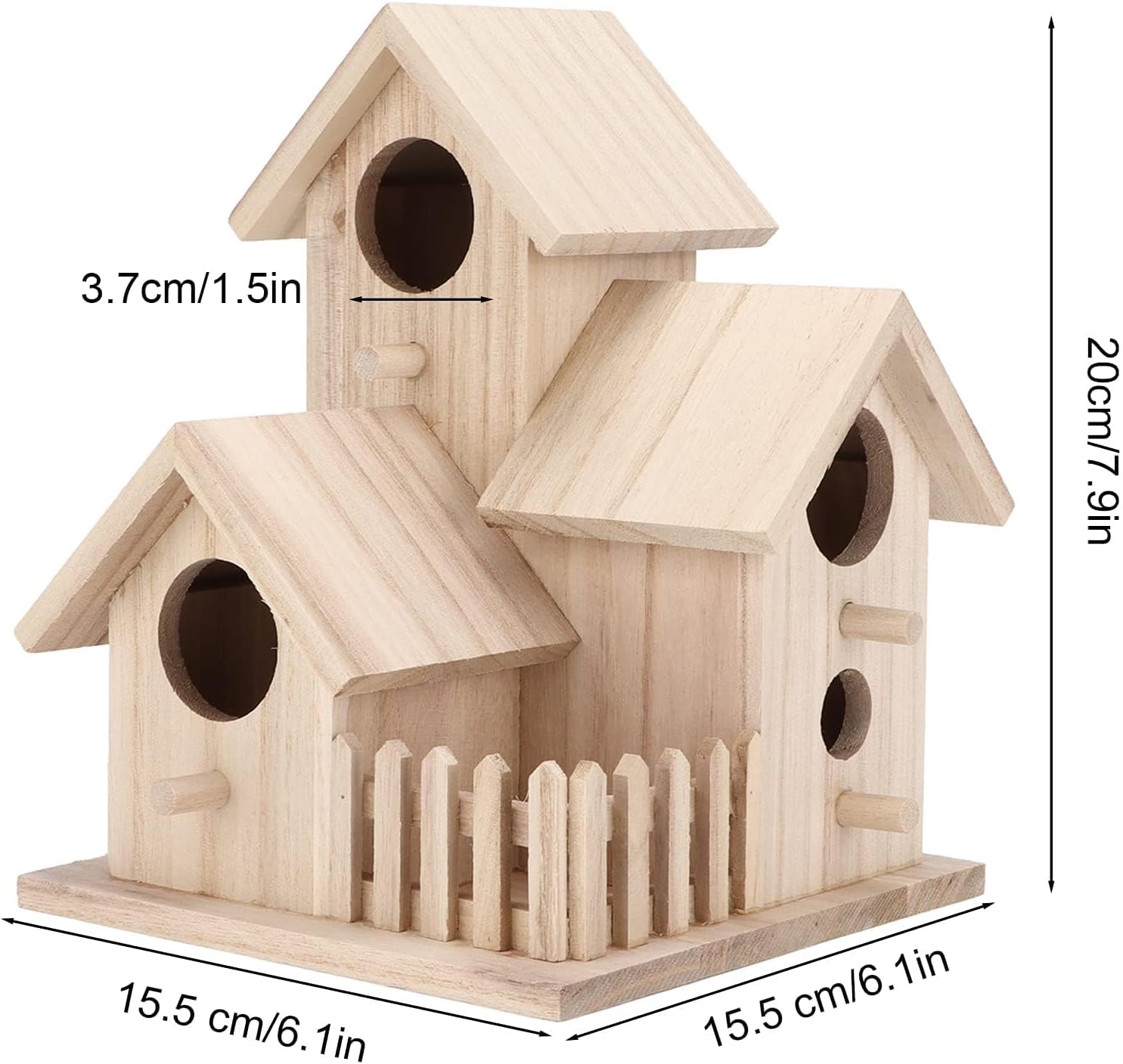 Bird Houses for Outside, 4 Hole Kids Adults DIY Birdhouse for Painting, Mini Handmade Arts and Crafts Wooden Bird House for Garden and Patio Decorative, 6.1" x 6.1" x 7.9" (3 Room)