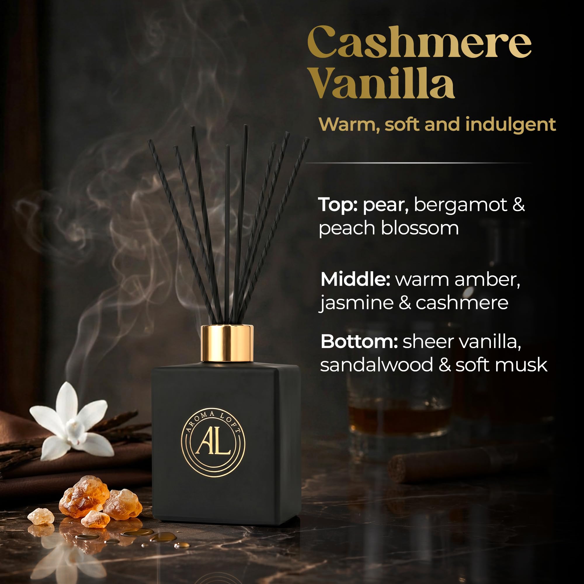 Diffusori a bastoncini neri per la casa, diffusore di fragranze di alta qualità, set di bastoncini in olio con profumo di cashmere e vaniglia, olio di lunga durata per bagno e ufficio