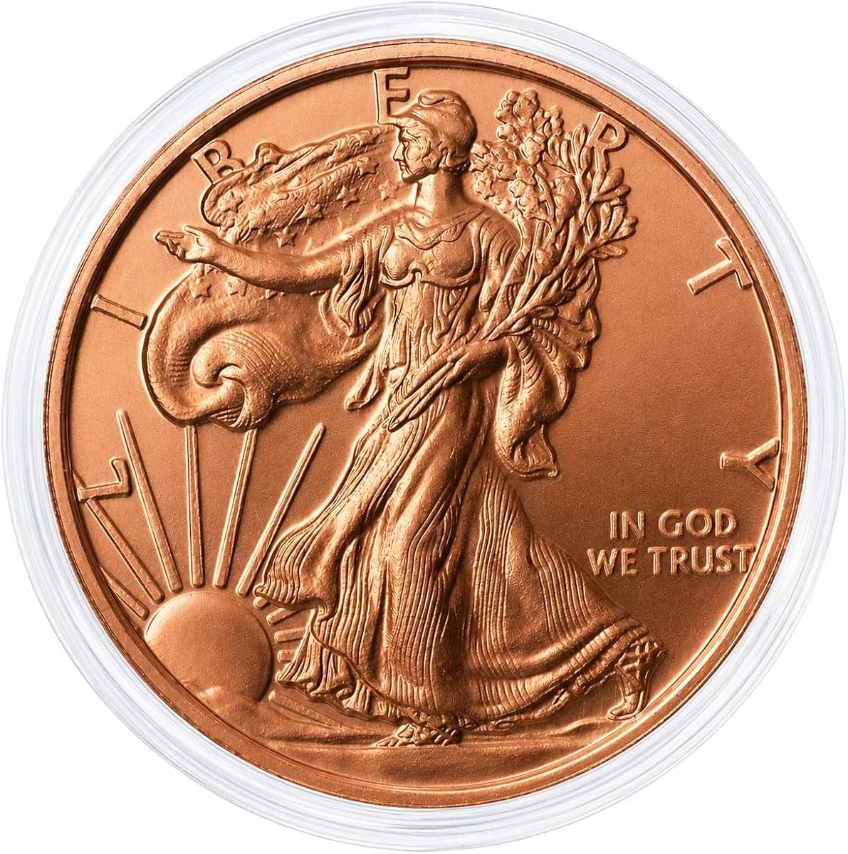 Walking Liberty 1 oz 99.9% Pure Copper Round in Capsule | 99.9% Pure Copper, Made in USA, Direct Fit Air Tight Acrylic Capsule, Certificate of Authenticity Included