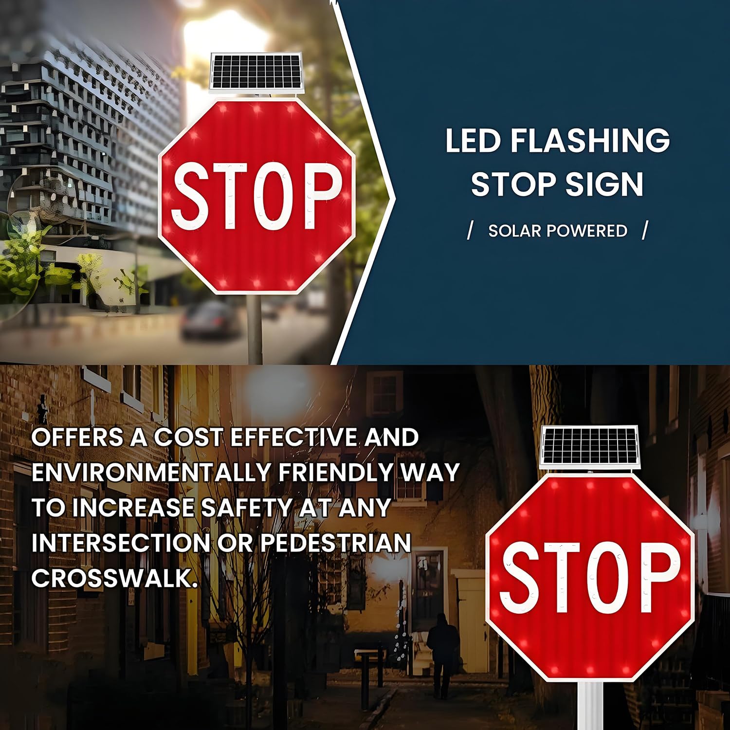 Señal de Stop Solar, señal de Stop LED Intermitente con energía Solar, señales de tráfico octagonales de Aluminio, LED Intermitentes para Calle, Resistente al Agua IP65 60 * 60cm