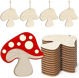 Wooden Spring Ornaments to Paint Mushroom Decoration Cutouts Unfinished 24PCS 3.5 x 3 inches, DIY Blank Unfinished Mushroom Wood Discs Ornament for Home Crafts Hanging Decoration