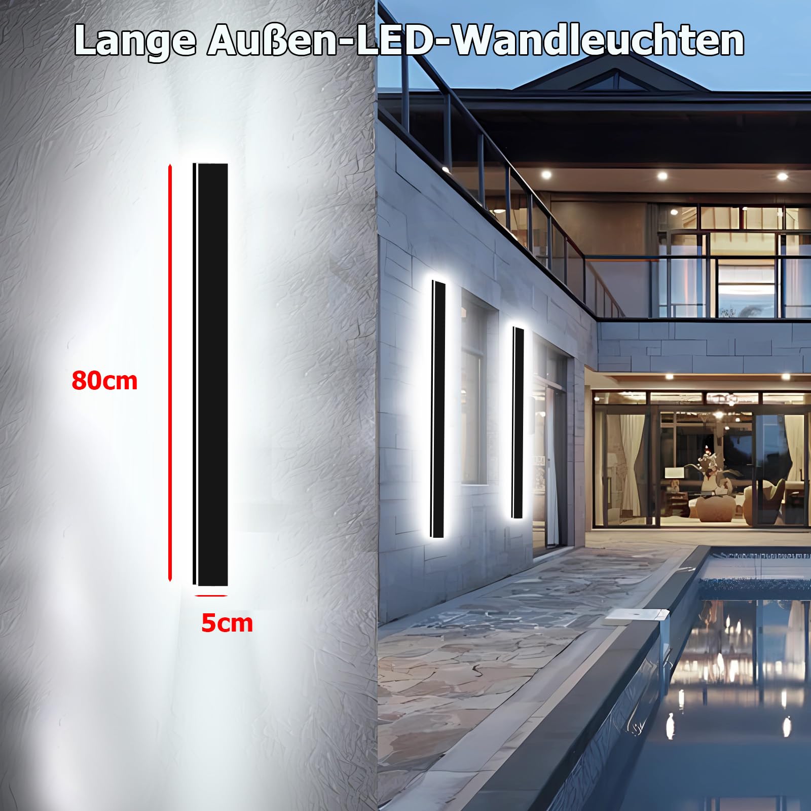 1Stück 80cm Außenwandleuchten, 3000K-6000K Dimmbare Außen LED Wandleuchte für Garage und Vordertür, Schwarz Lange Außenwandlampe IP65 Wasserdicht für Villa Schlafzimmer, Wohnzimmer Innen