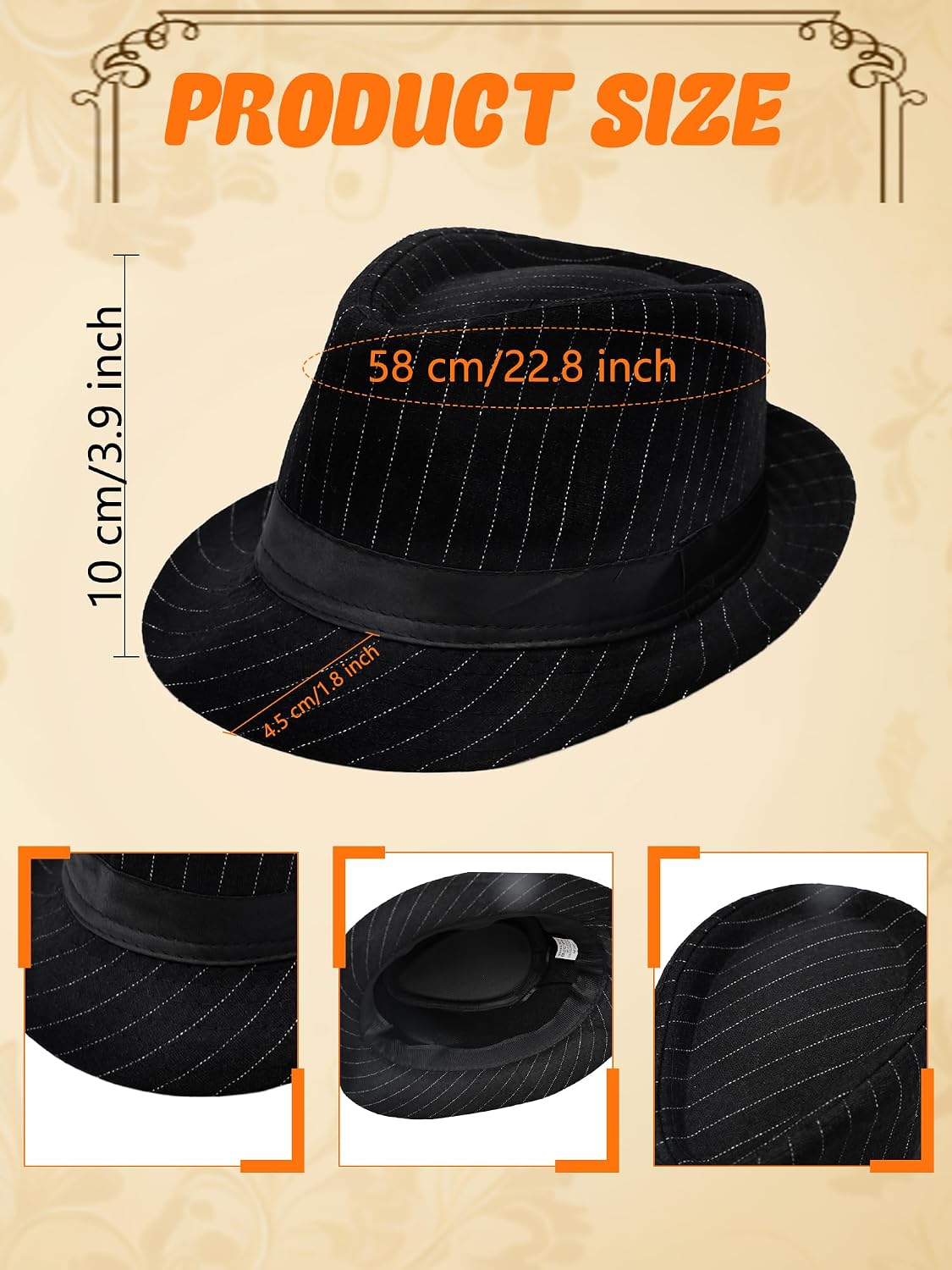 4 Pcs Men Black Striped Fedora Hat Pinstripe Gangster Hats Short Brim Jazz Cap for Women 1920s Style Party Costume Accessories