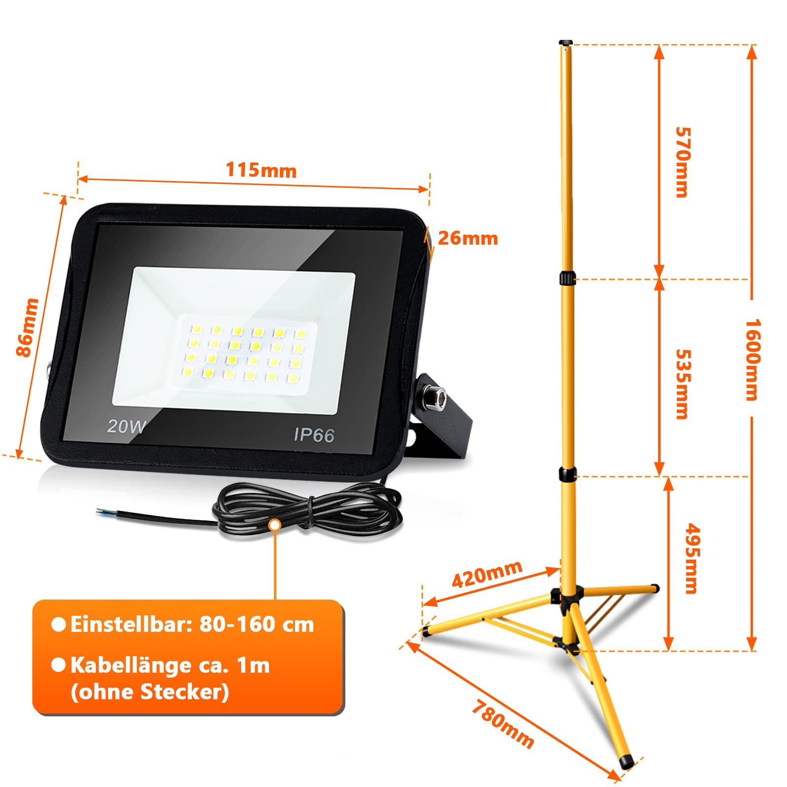 Projecteur De Chantier LED Avec Trépied IP66 Jardin Projecteur LED Exterieur Spot 2x10w Blanc Chaud 91587034