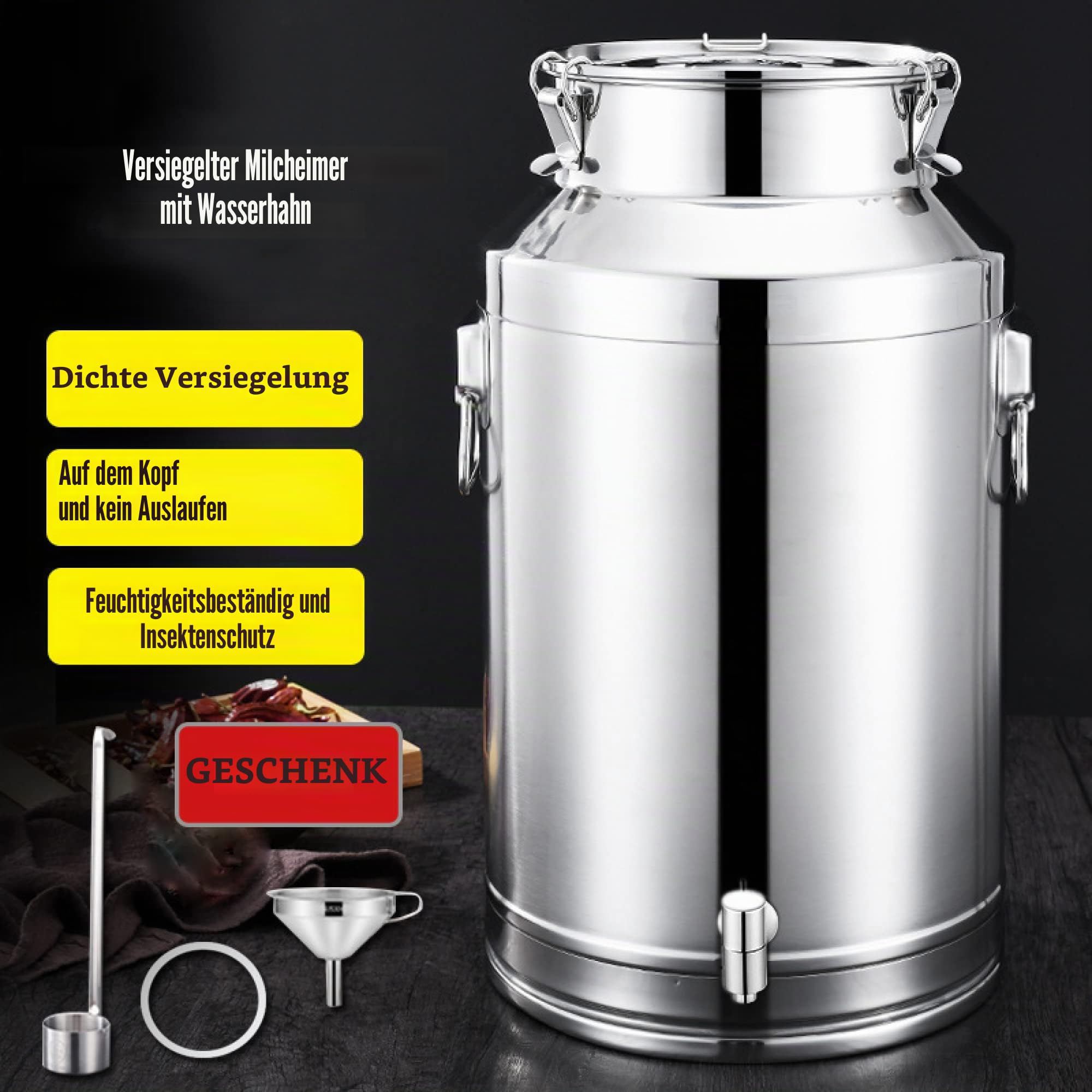 Edelstahl Dichtung Milch Transportkanne - 5L/9L/14L Milcheimer mit Wasserhahn Zapfhahn für Wasser, Wein, Tee - Flüssigkeitsbehälter Milchkanne für Haus & Bauernhof