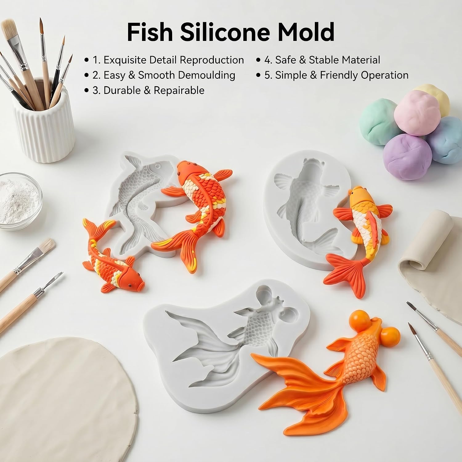 Fish Polymer Clay Molds Goldfish Koi Fish Silicone Mold Set of 3