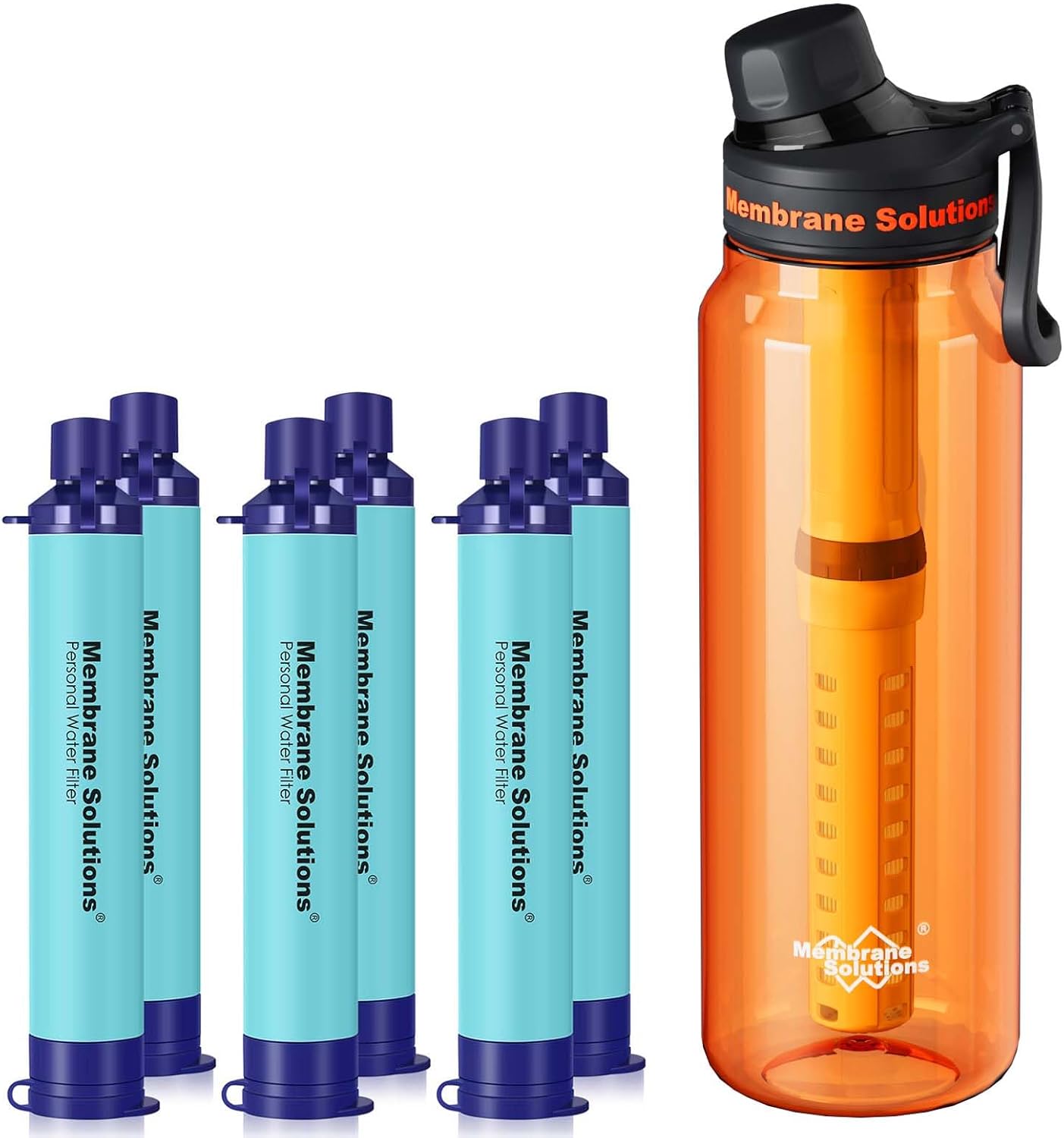 Membrane Solutions 36oz C3 ACF+UF Filtered Water Bottle with 6 Packs Outdoor Water Filter Straw