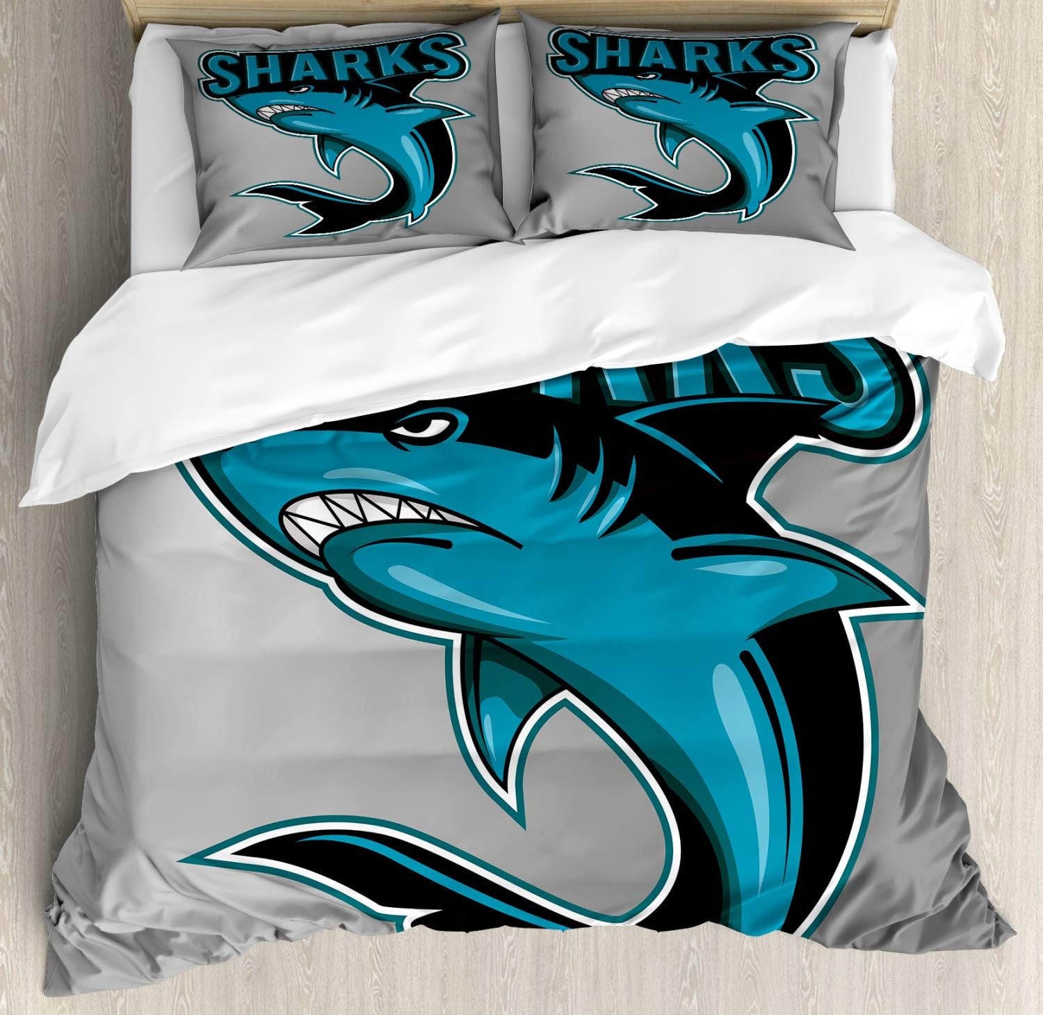 Ambesonne Shark Duvet Cover Set, Angry Danger Fish Fins Aggressive Sea Creature Monster Life Illustration, Decorative 3 Piece Bedding Set with 2 Pillow Shams, Queen Size, Petrol Blue