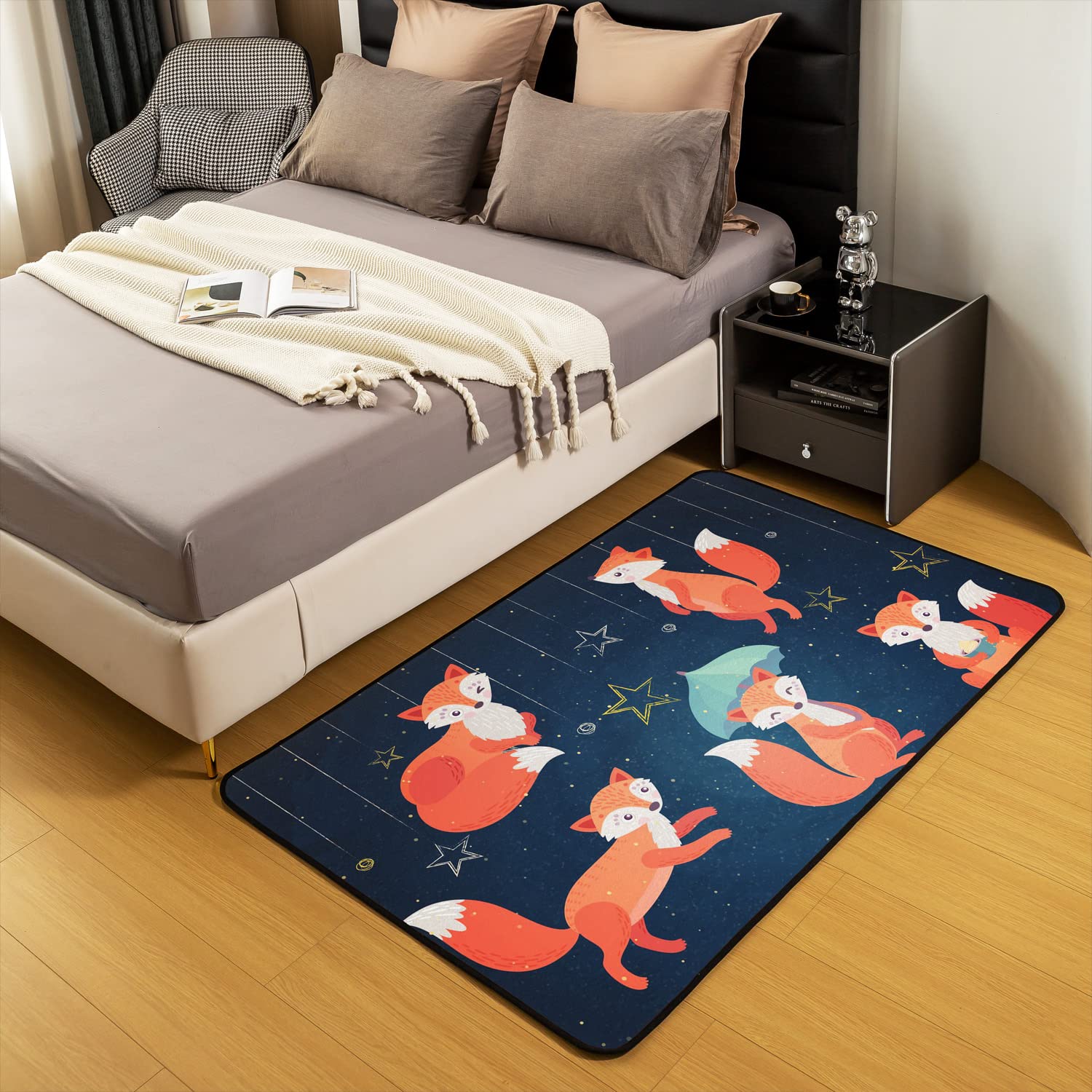 Tapis Doux Chambre Bébé - Motif Renard Feuilles D'automne - Antidérapant, épais, Lavable - Décoration Moderne