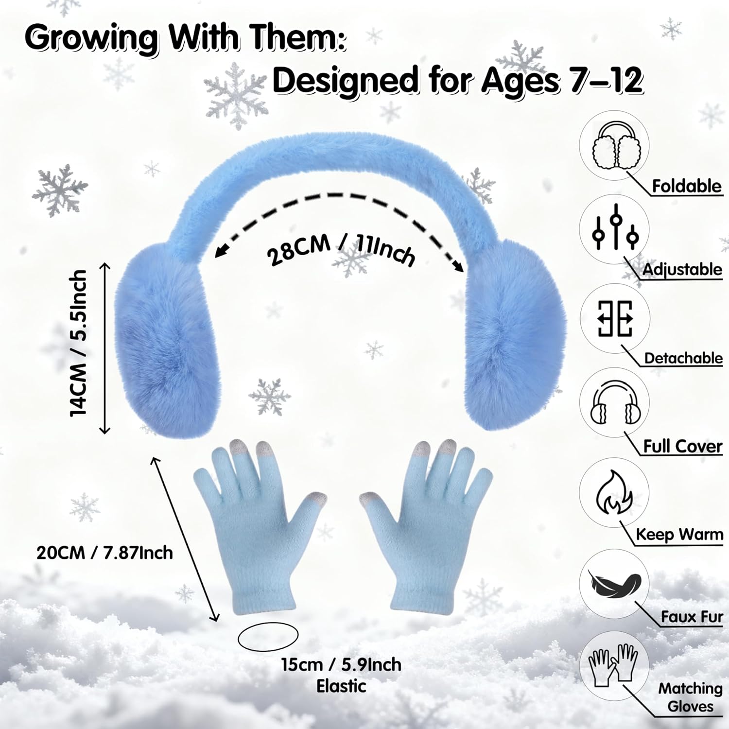 BEARAE Winter Ear Muffs Gloves Set, Fuax Fur Earmuffs with Glove, Foldable Fluffy Ear Warmer Muff for 7-12T Kids Girls Boys - Image 2