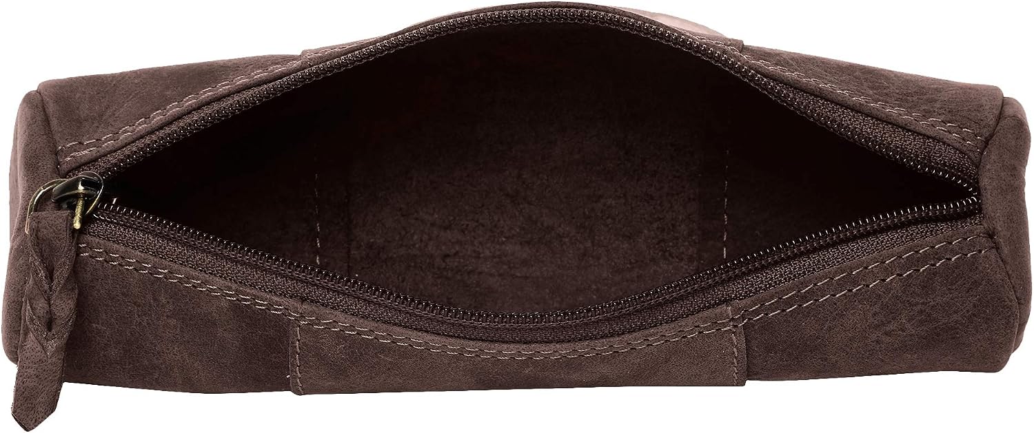 Rustic Town Leather Pencil Case - Zippered Leather Pen Case Pouch for Work and Office (Dark Brown) - Image 4
