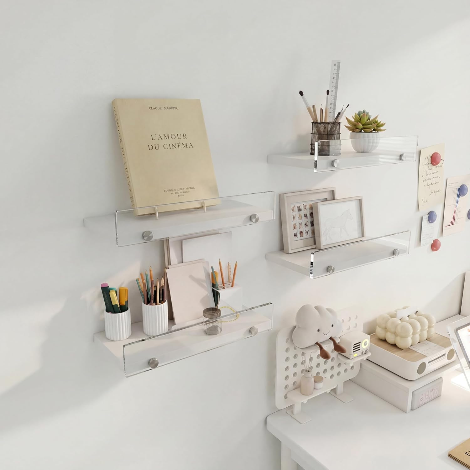 Floating Shelves with Acrylic Front Lip，15.7 IN Wall Shelves for Decor Storage Set of 3， Wall Mounted Wood Shelf for Bedroom, Living Room, Bathroom, Kitchen, Picture Shelf, White