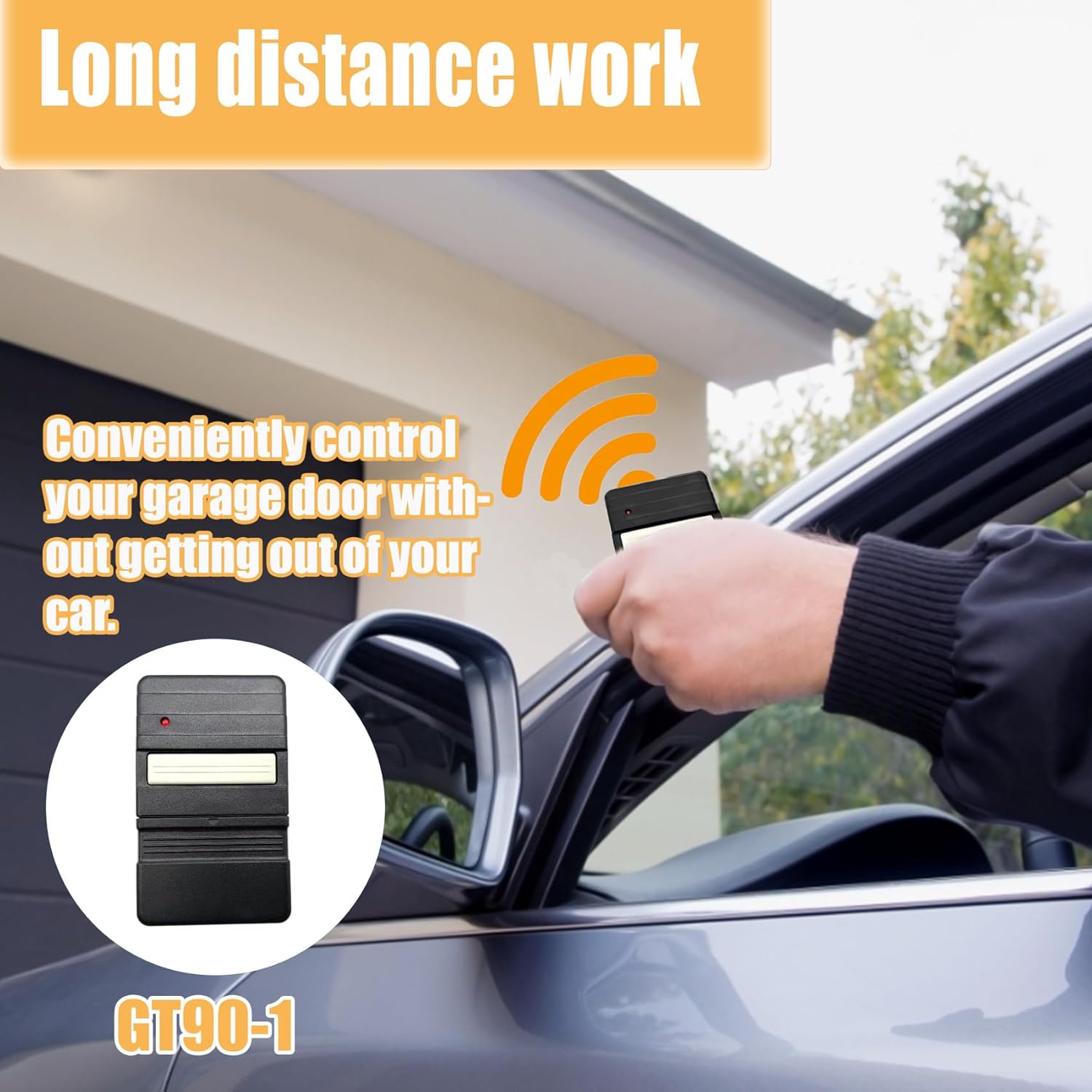 Person using the remote from inside a car, demonstrating long-distance operation.