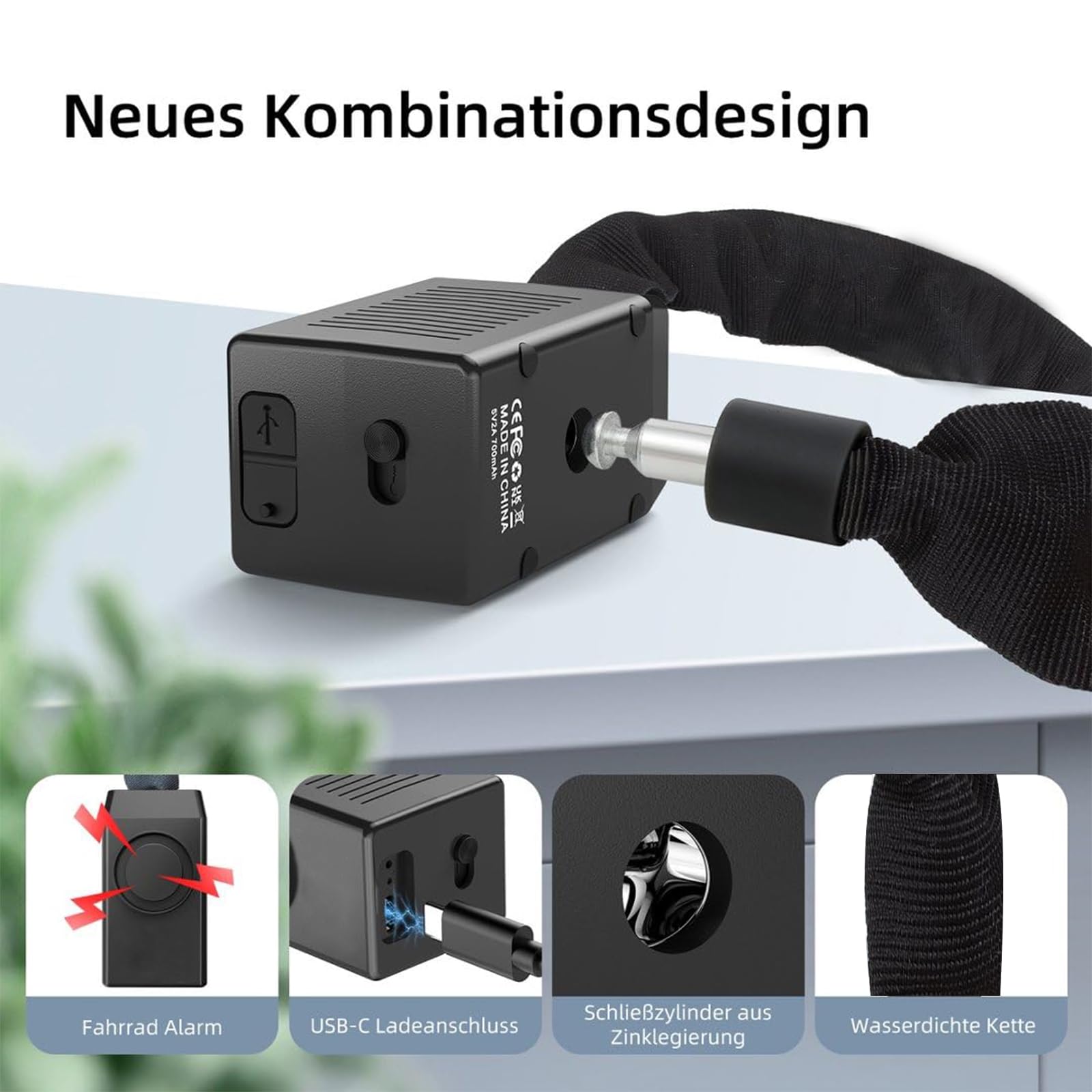 E Scooter Schloss, Fahrradschloss mit Alarm 110dB, Anti-Diebstahl E-bike Kettenschloss, USB-C aufladbar, IP55 Wasserdicht, 1200mm/8mm Kettenschloss, mit Fernbedienung & Schlüssel &Tasche für