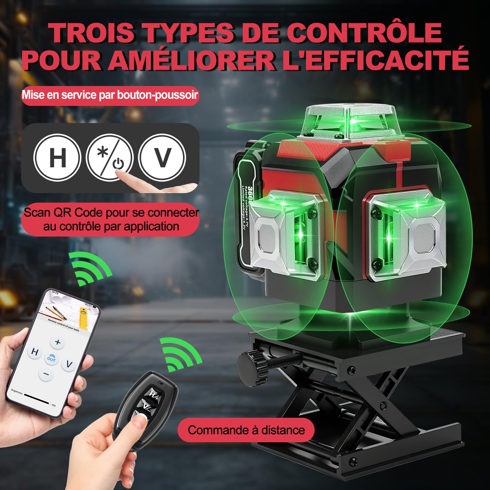 Niveau Laser 360 Autonivelant, 4D 16 lignes vertes Laser à lignes croisées avec trépied, Laser Chantier pour chantier intérieur, 3600 mAh x 3 batteries rechargeables