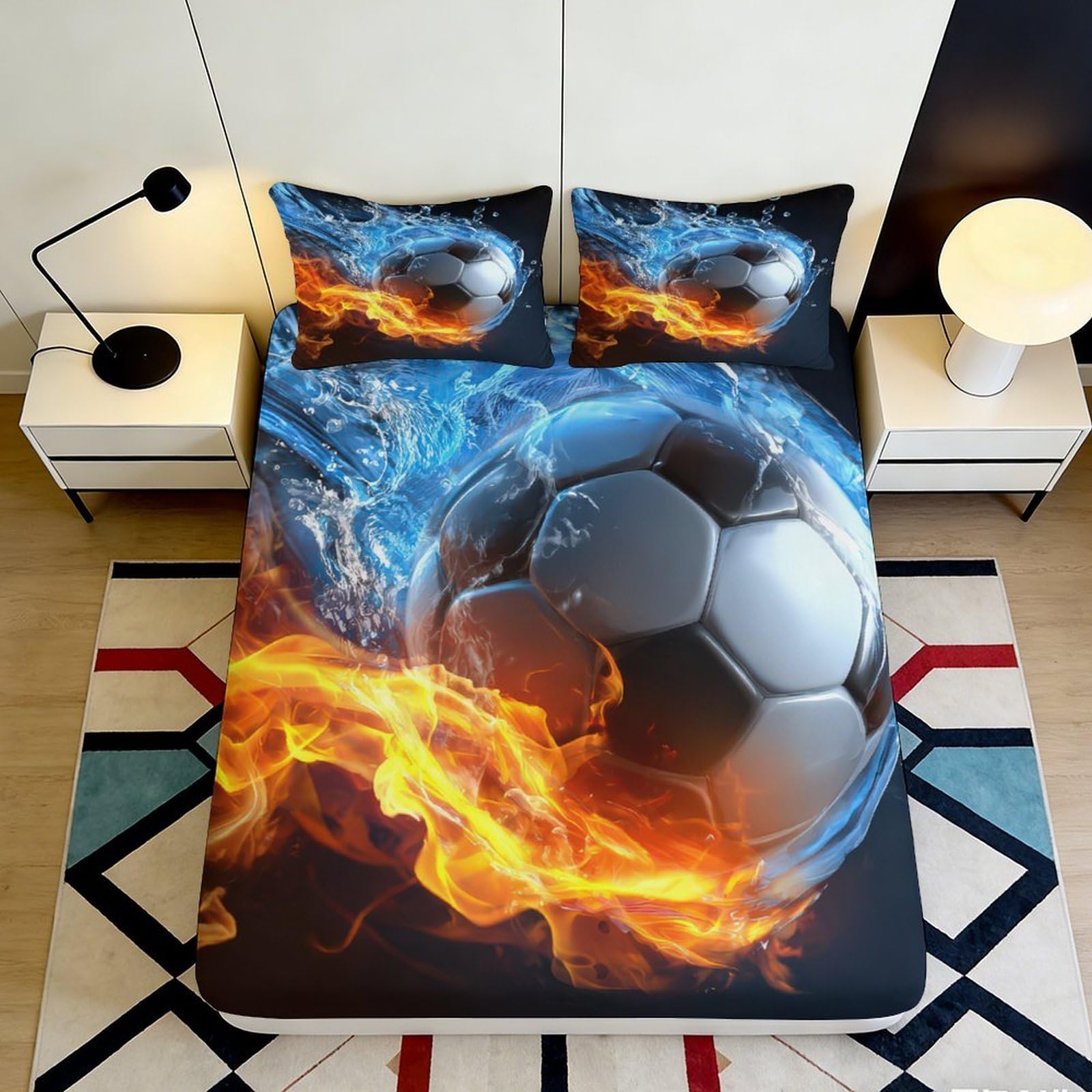 3D Printed Fire and Water Soccer Ball Fitted Sheet Microfiber Soft Breathable Flame and Splash Mattress Cover for Bedroom Dormitory Guest Room Protection 120x200x25cm
