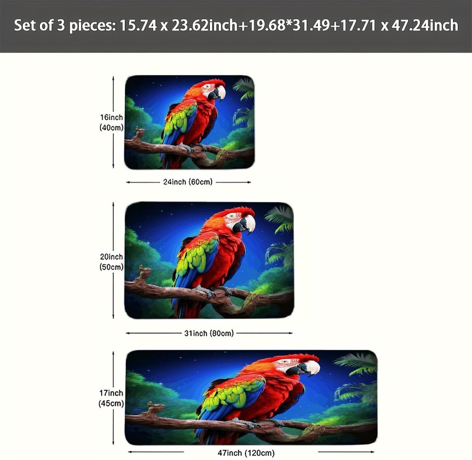 Parrot Kitchen Rugs Sets of 3 Washable Non Slip Kitchen Rug Water Resistant Carpet Piece Anti Fatigue Kitchen Mats Soft Comfort Standing Mat Modern Area Rug