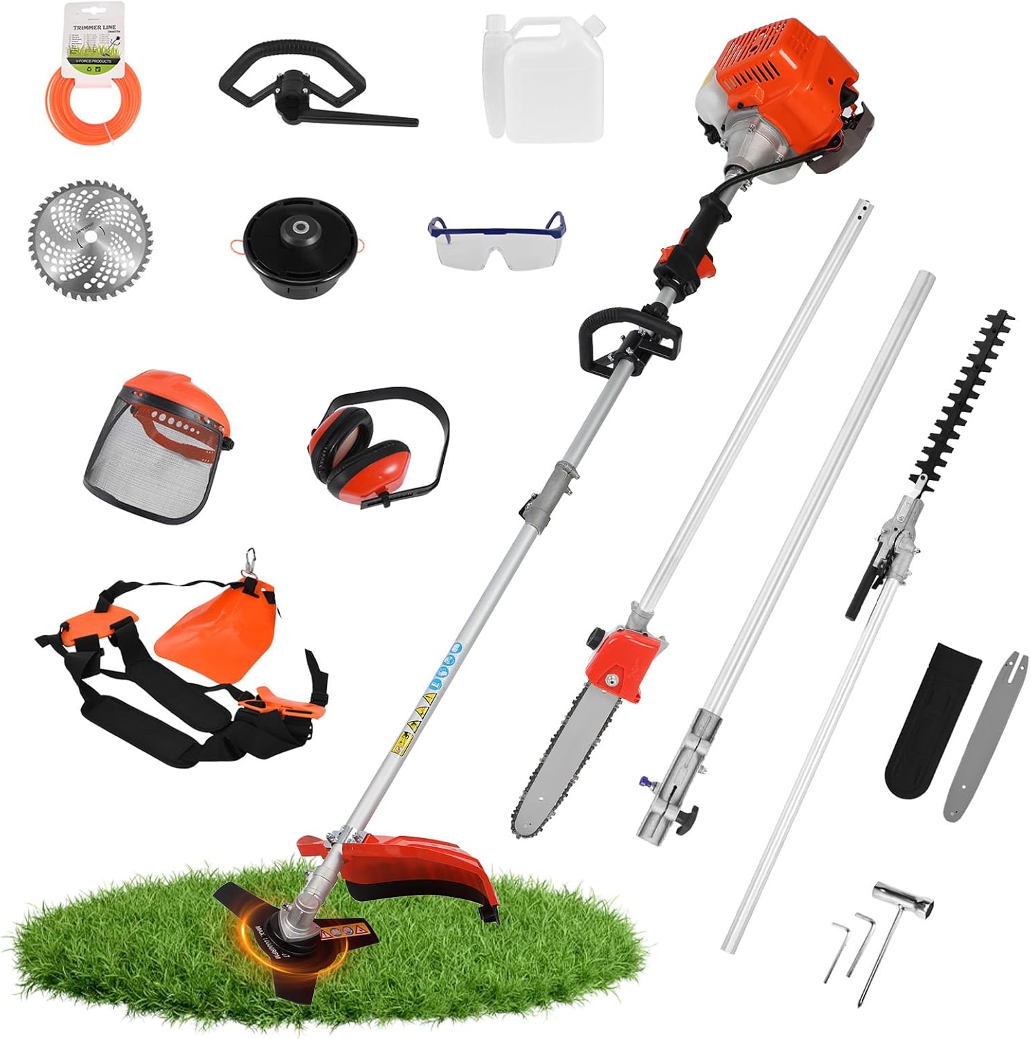 Weed Eater Gas Powered 52cc – 2 Cycle, 5 in 1 Grass Trimmer, Gas Hedge Trimmer, String Trimmer, Brush Cutter, Chainsaw with Extension Pole, Multi Functional Tools for Easy Lawn, Yard & Garden