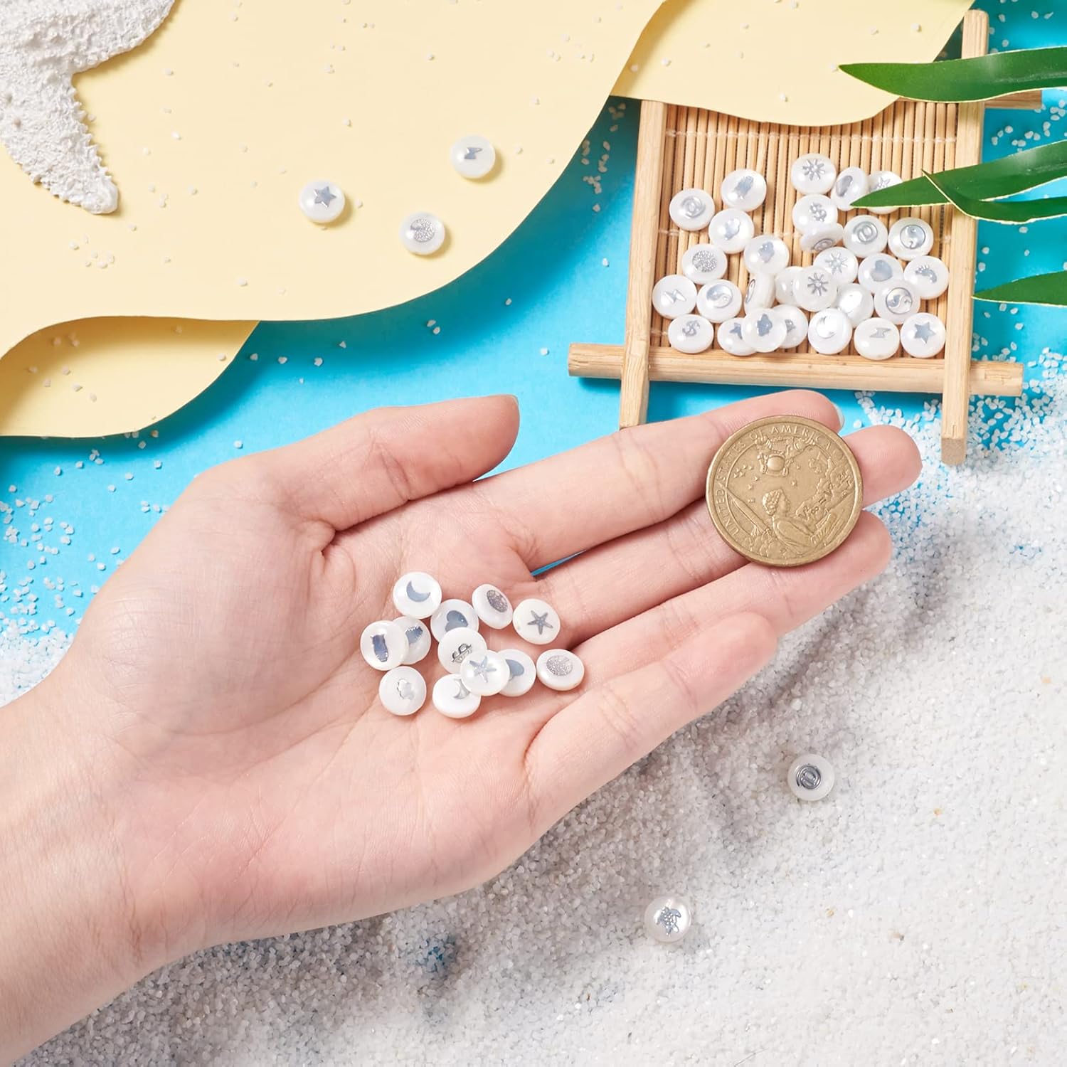 Craftdady 60Pcs Natural Shell Beads 8mm Flat Round with Brass Patterns Freshwater Shell Summer Beads with Turtle Butterfly Heart Owl for Ocean Beach Crafts Jewelry Making