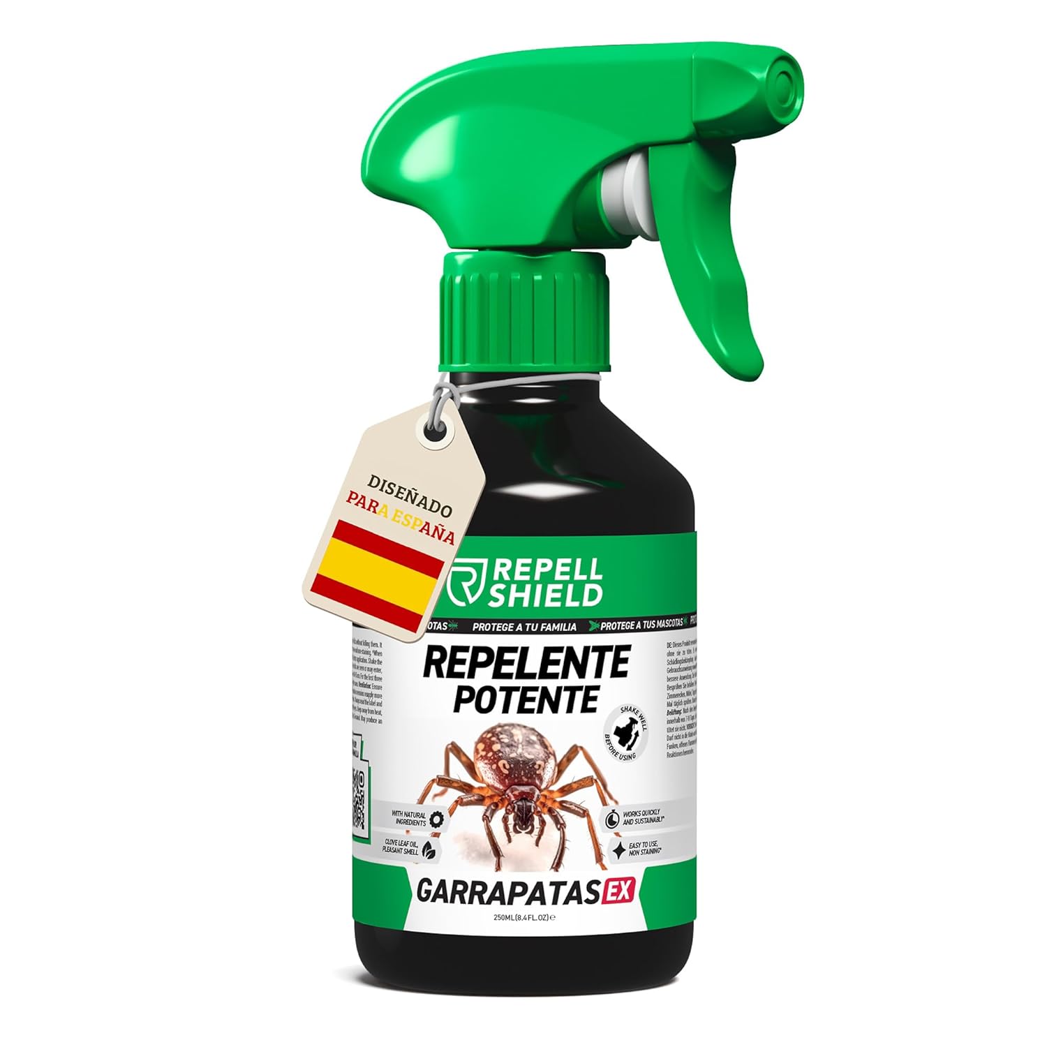 RepellShield® Spray Repelente Garrapatas Humanos y Pulgas – 250ml – Uso Interior y Exterior – Aplicar a Ropa, Sofá, Jardín – No Mancha – Alternativa Natural al Insecticida Pulgas – Antimosquitos
