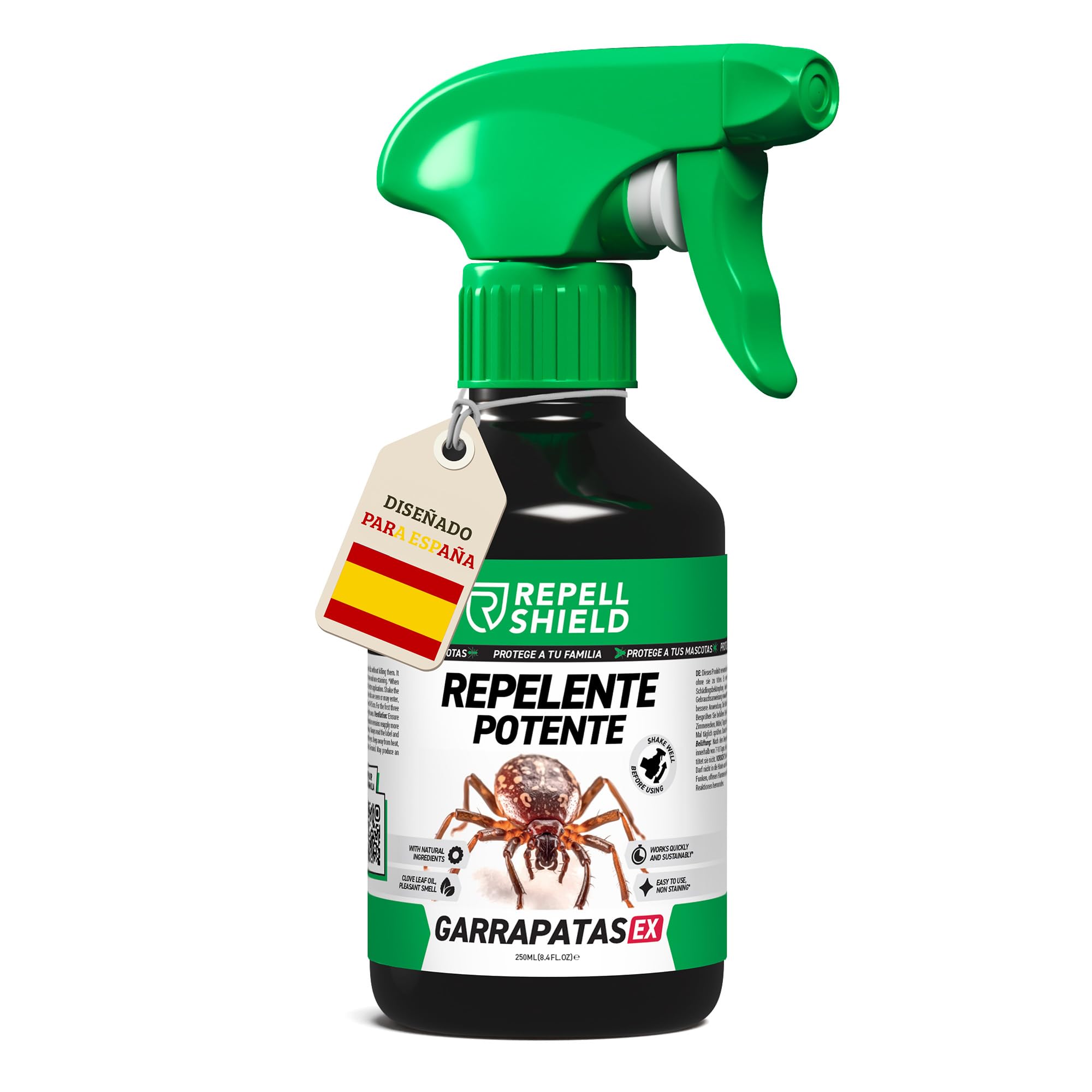 RepellShield® Spray Repelente Garrapatas Humanos y Pulgas -250ml- Uso Interior y Exterior - No Mancha - Aplica en Ropa, Calzado, Textiles, Hogar, Jardín - Antipulgas Natural con Tomillo y Geraniol