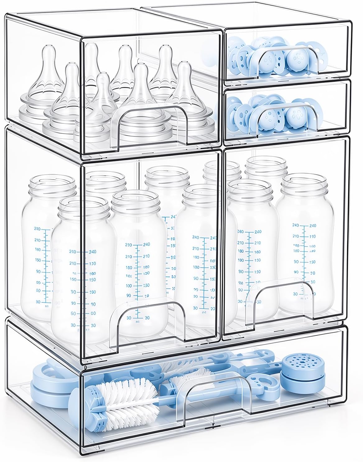 Clear Baby Bottle Organizer, 6-Piece Modular Stackable Acrylic Bins Set