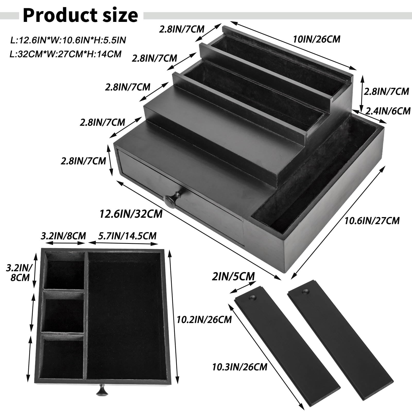 Organizador de Colonia Moderno 4 Niveles con Cajón & Almacenamiento Lateral - Estante Exhibidor de Madera con Forro de Franela Suave, para Hombre y Mujer, Organizador de Baño y Dormitorio