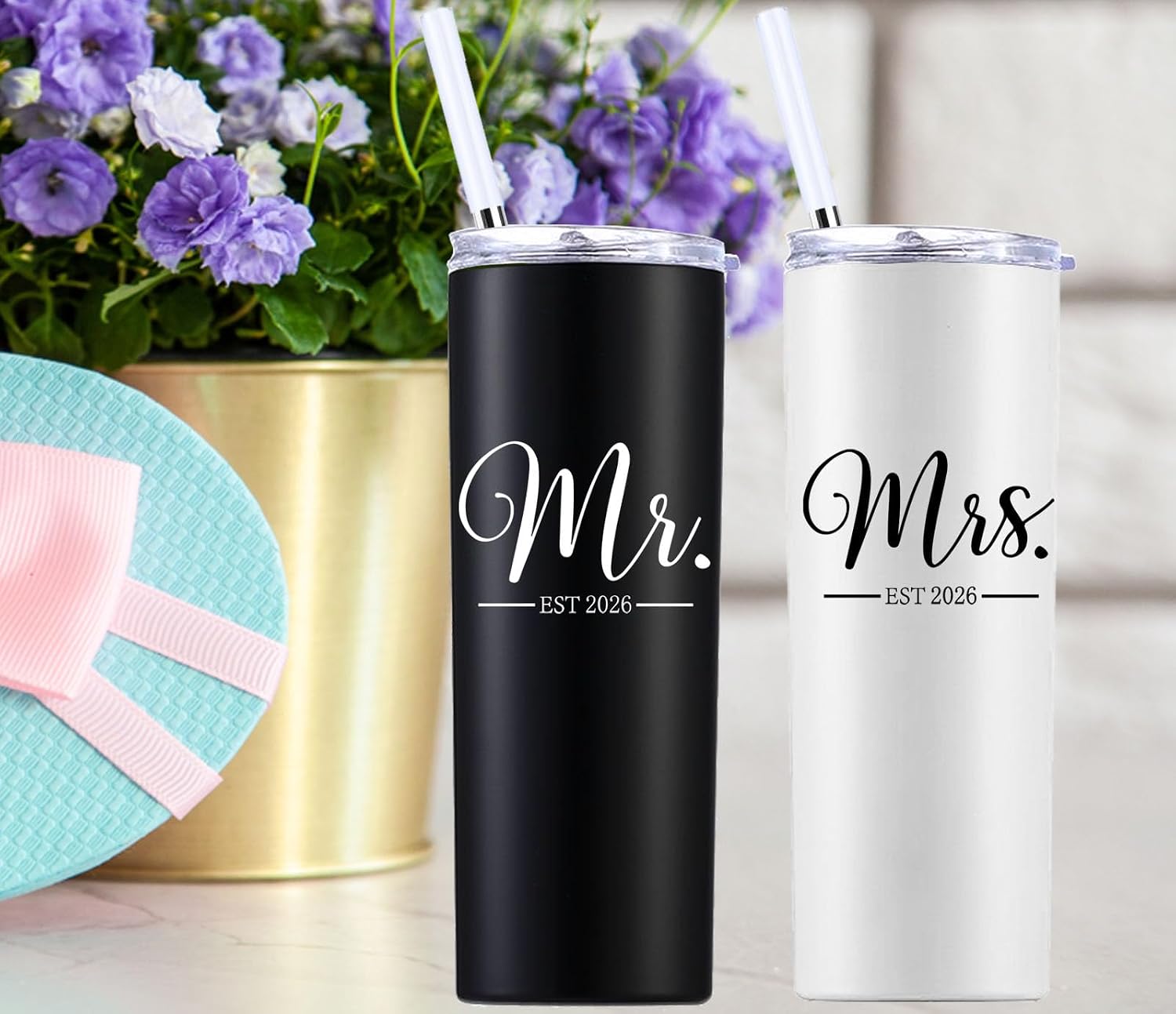 momocici Mr and Mrs Est 2026 20 OZ Skinny Tumbler.Engagement Wedding Wife Husband Bride Groom Couple Gifts.Newlyweds Anniversary Bride To Be Newly Engaged Bridal Shower Gifts.(Black&White) image 3