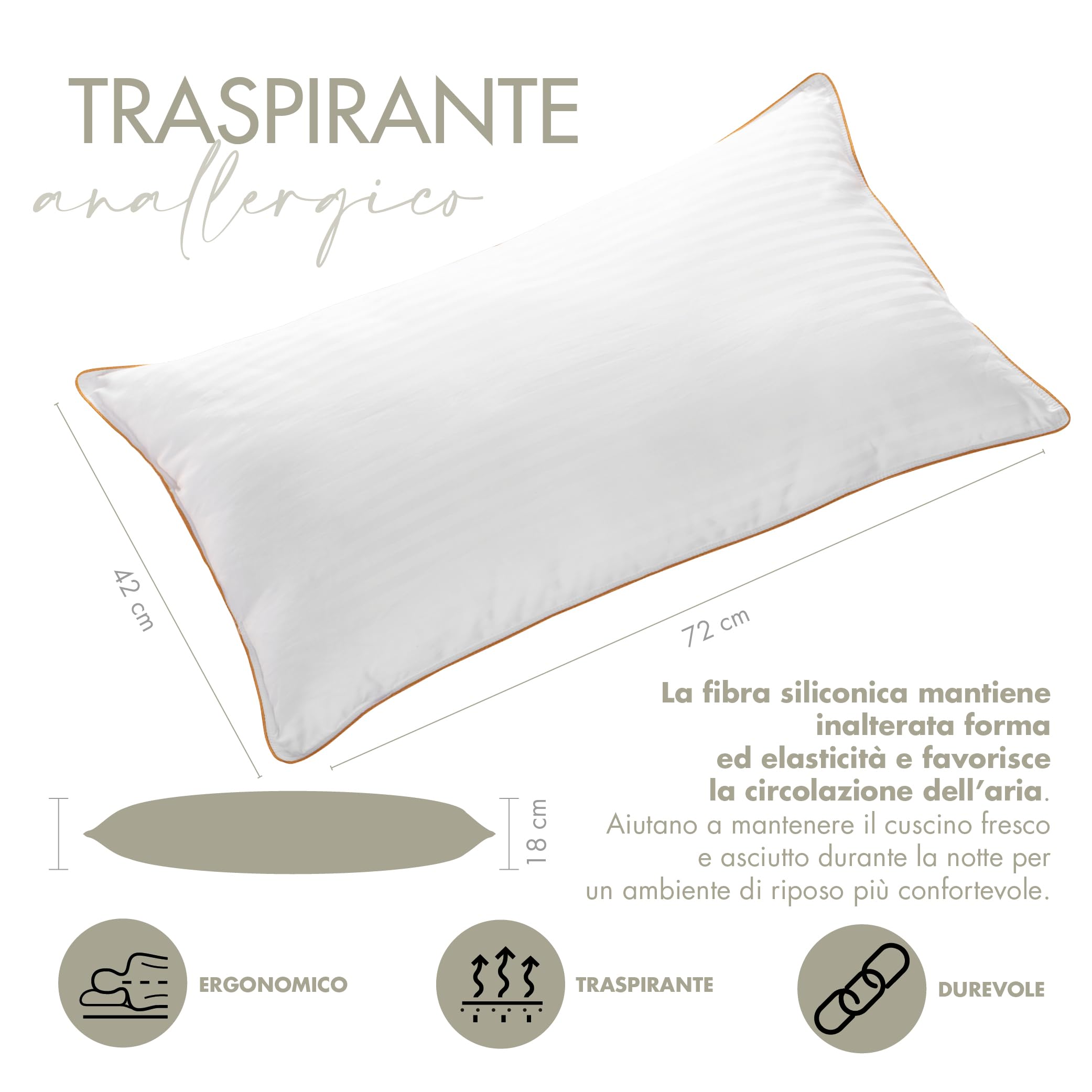 Cuscini Letto 100% COTONE ANALLERGICO Fibra Siliconica SET 2 Guanciali Morbidi e Traspiranti Cuciture Premium Made in Italy (2, CUCITURA ORO)