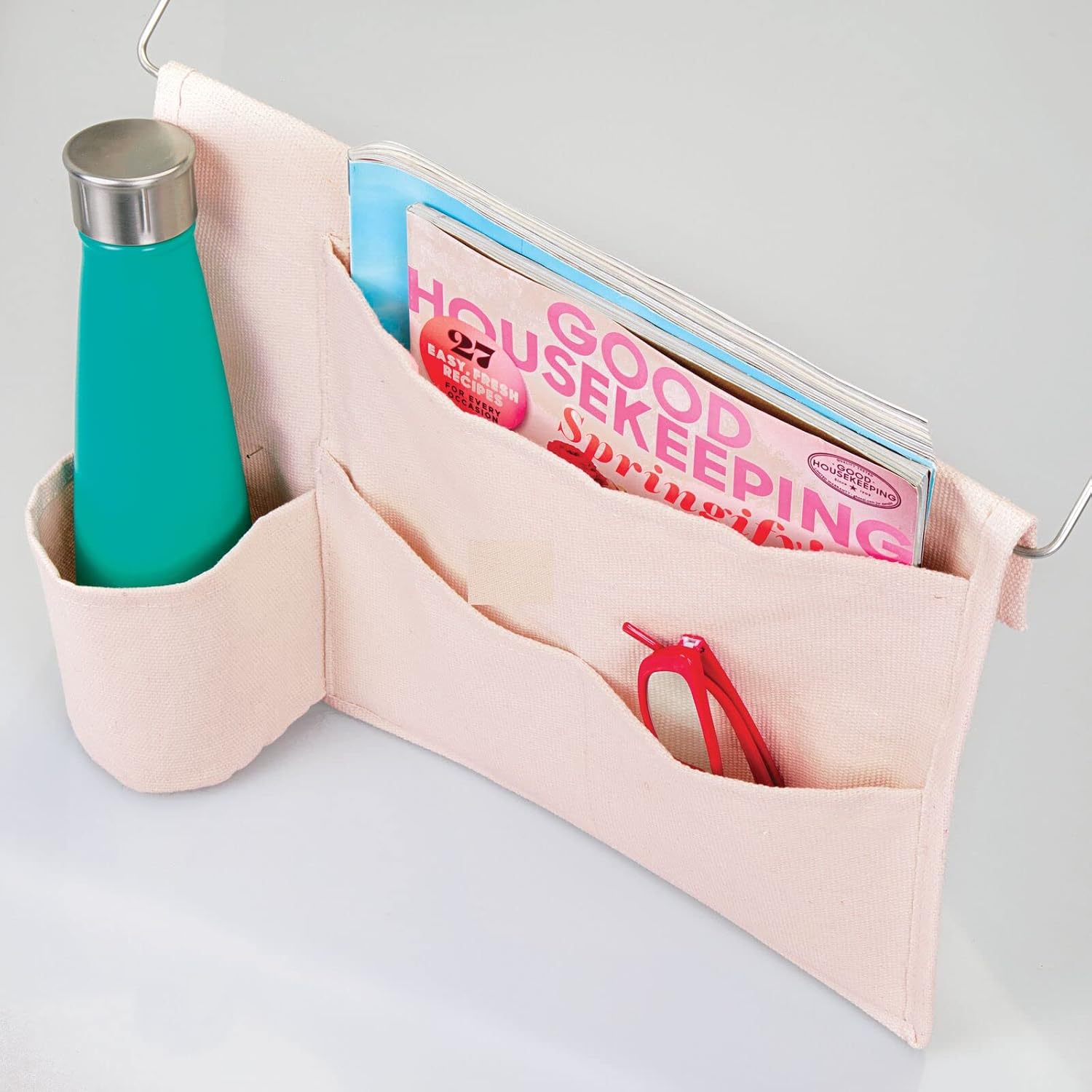 mDesign Bedside Storage Organizer Caddy Pocket - Slim Space Saving Design, 4 Pockets - Heavy Cotton Canvas - Holds Water Bottles, Books, Magazines - Light Pink/Wire Insert in Satin