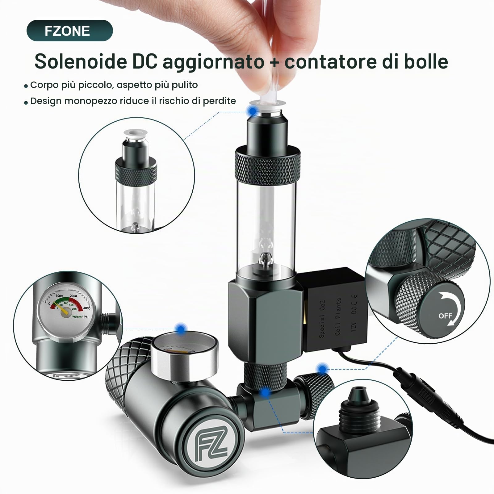 FZONE Kit Regolatore CO₂ per Acquario（W21.8）, Sistema CO₂ Compatto con Diffusore, Elettrovalvola DC Aggiornata e Contabolle con Valvola di Non Ritorno, per Sistemi CO₂ in Acquari di Piante Acquatiche
