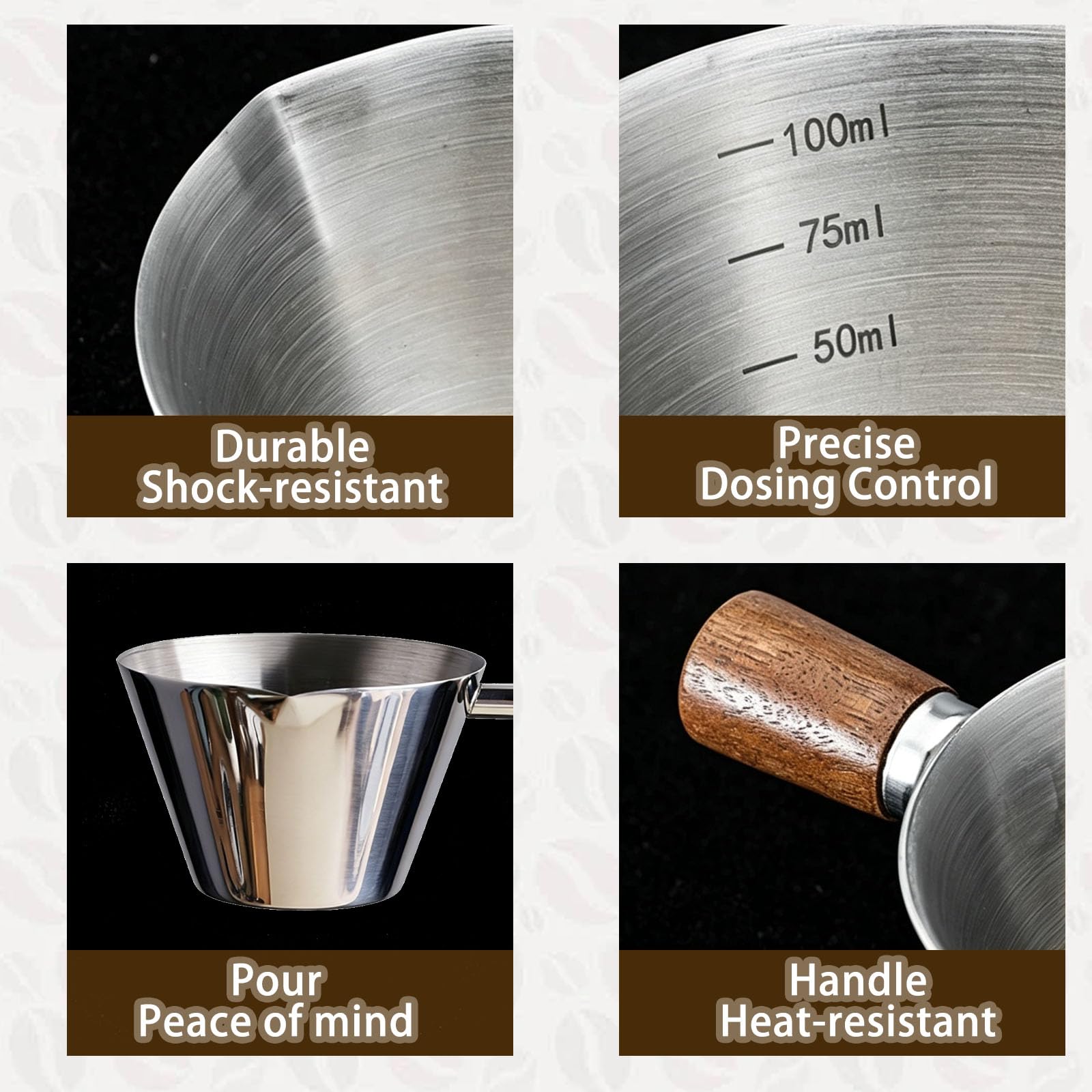 2 Stück Espresso Messbecher, mit Holzgriff und Abgestufter Skala (Silver) | 100 Ml Messbecher Kaffee Edelstahl, Mit v-Förmigem Ausguss Genaue Flüssigkeitsportionskontrolle Kaffee, Desserts, Cocktails