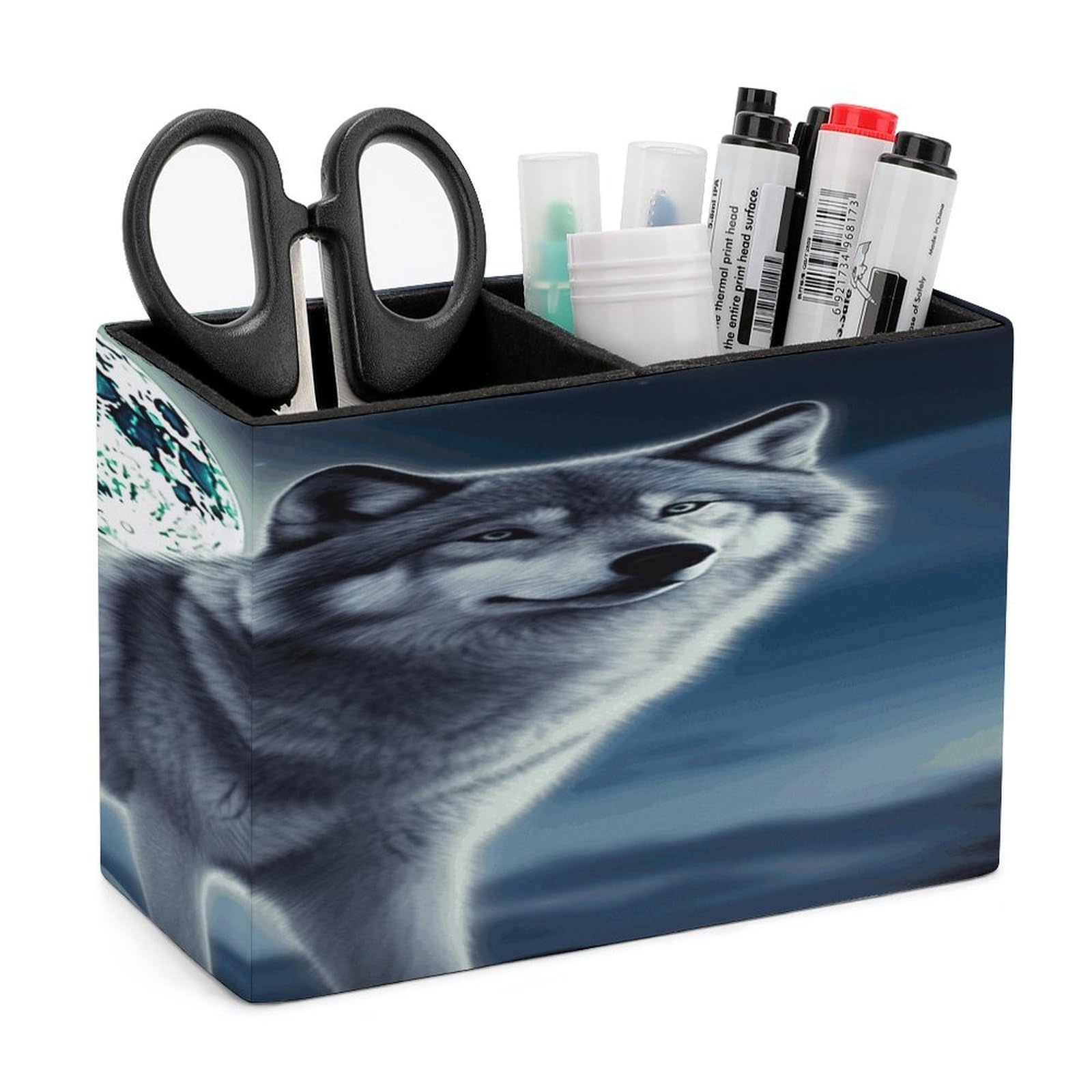 FekiLoot PU Leather Wolf Under Moon Pen Holder for Desk 2 Compartments Desktop Stationary Organizer Rectangle Table Pencil Cup Stand Desktop Stationery Organizer Case for Office Home