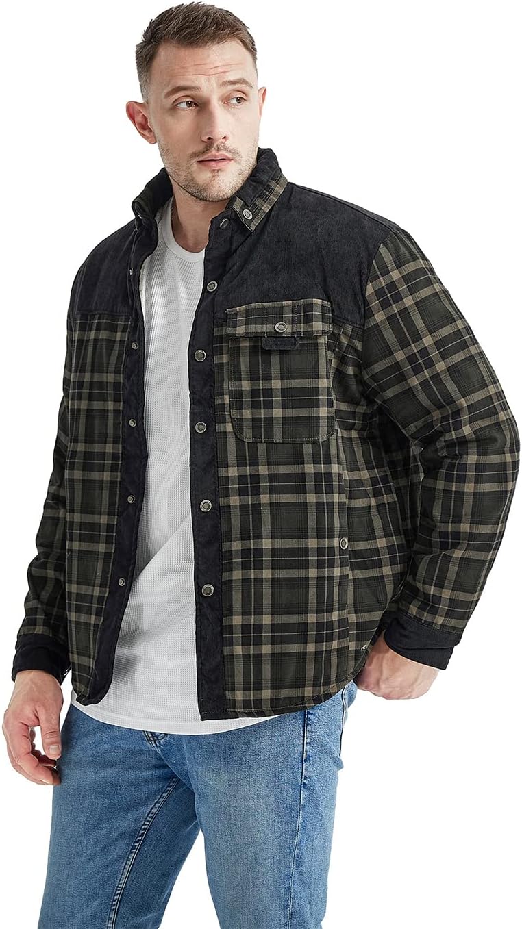 Haellun Men's Long Sleeve Sherpa Lined Shirt Jacket Flannel Plaid Fleece Coats - Image 2