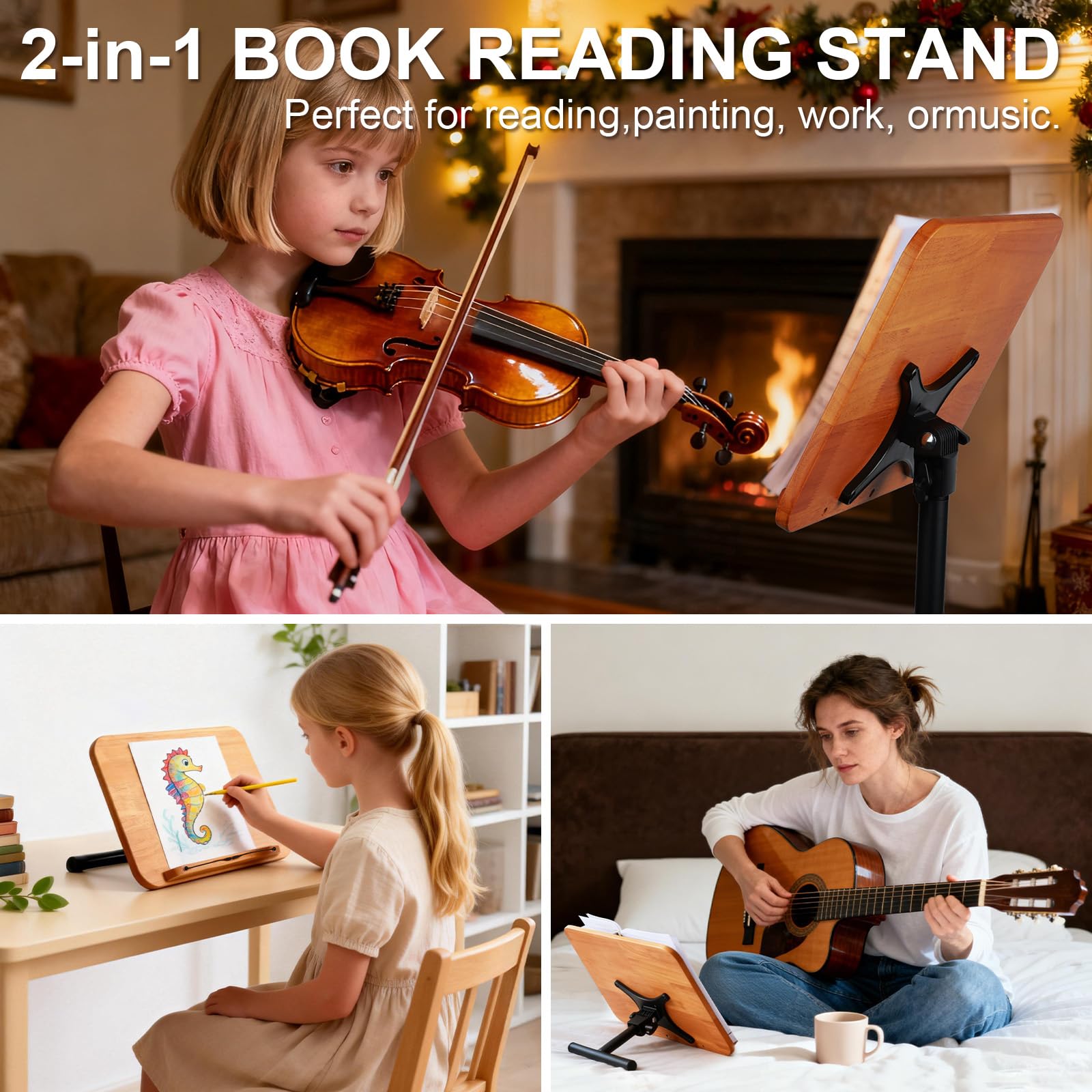 2 in 1 Verstellbarer Buchständer - Dual-Use Boden- und Tisch-Buchhalter, Höhenverstellbar 50 cm bis 130cm, Laptop-Bodenständer mit elastischen Seitenklammern für Kochbücher (Braun)