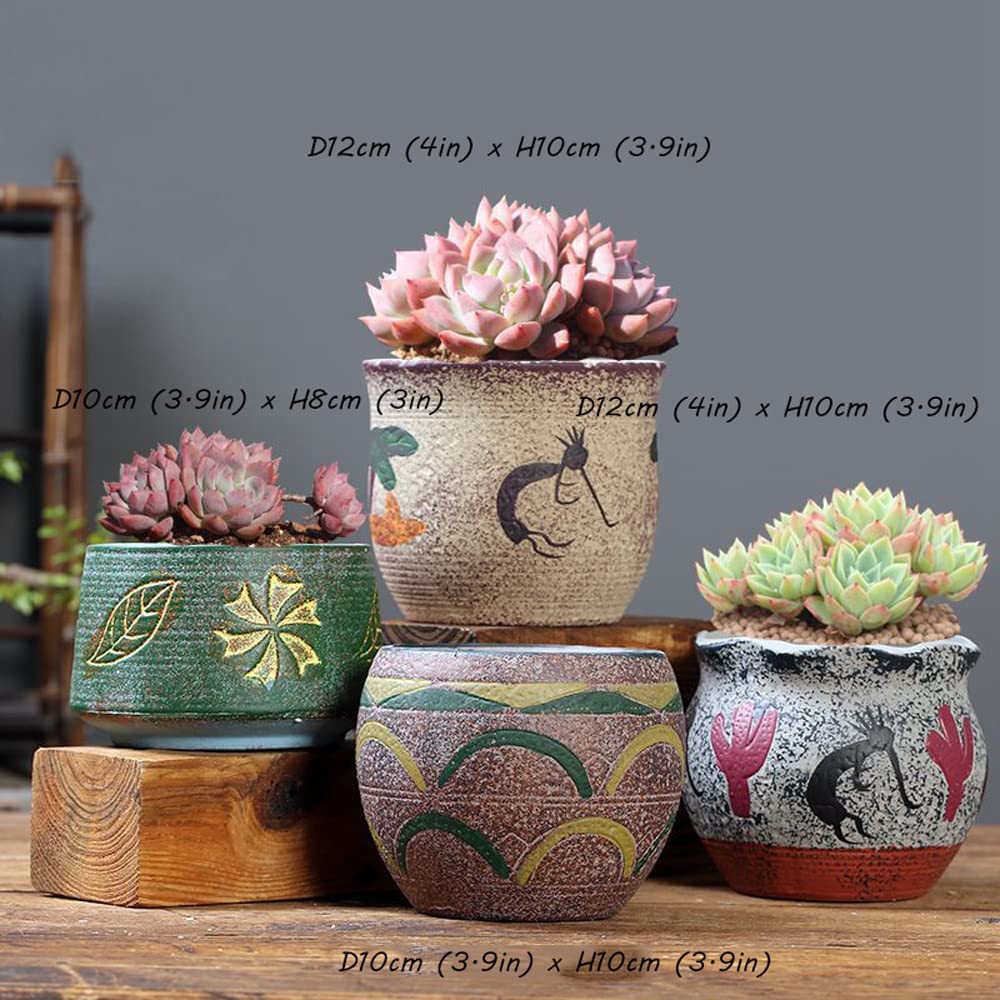 Zestaw 4 donic ceramicznych do domu wiejskiego na zewnątrz, 3,9/4 cala, doniczka z kaktusem ręcznie malowana Afryka porcelana słoik Turcja maroko pojemnik, parapet biurowy ogrodnictwo soczyste