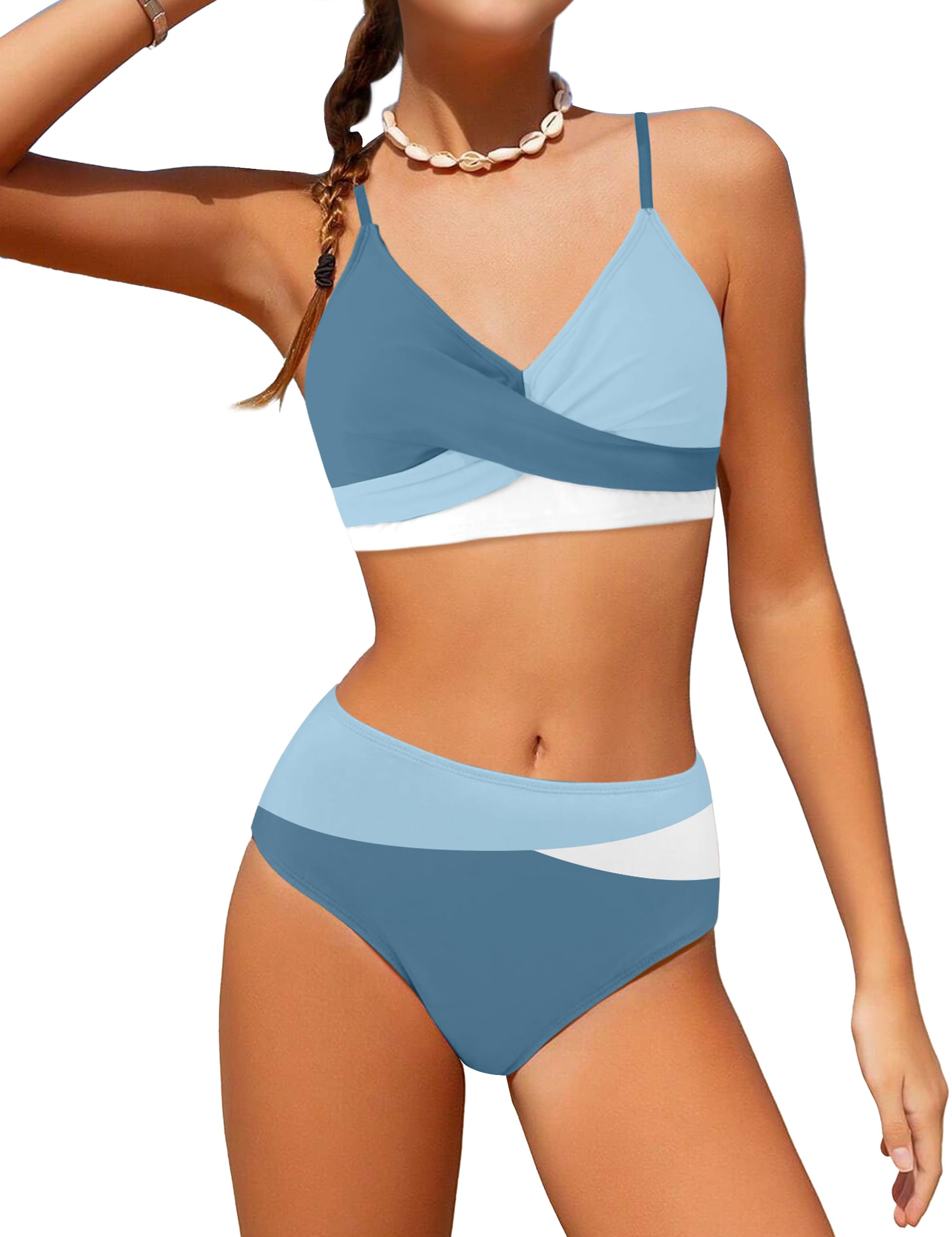 WIQI Girls Swimsuit Bikini Set 2 Piece Bathing Suits Color Block Criss Cross Swimwear Size 9-16