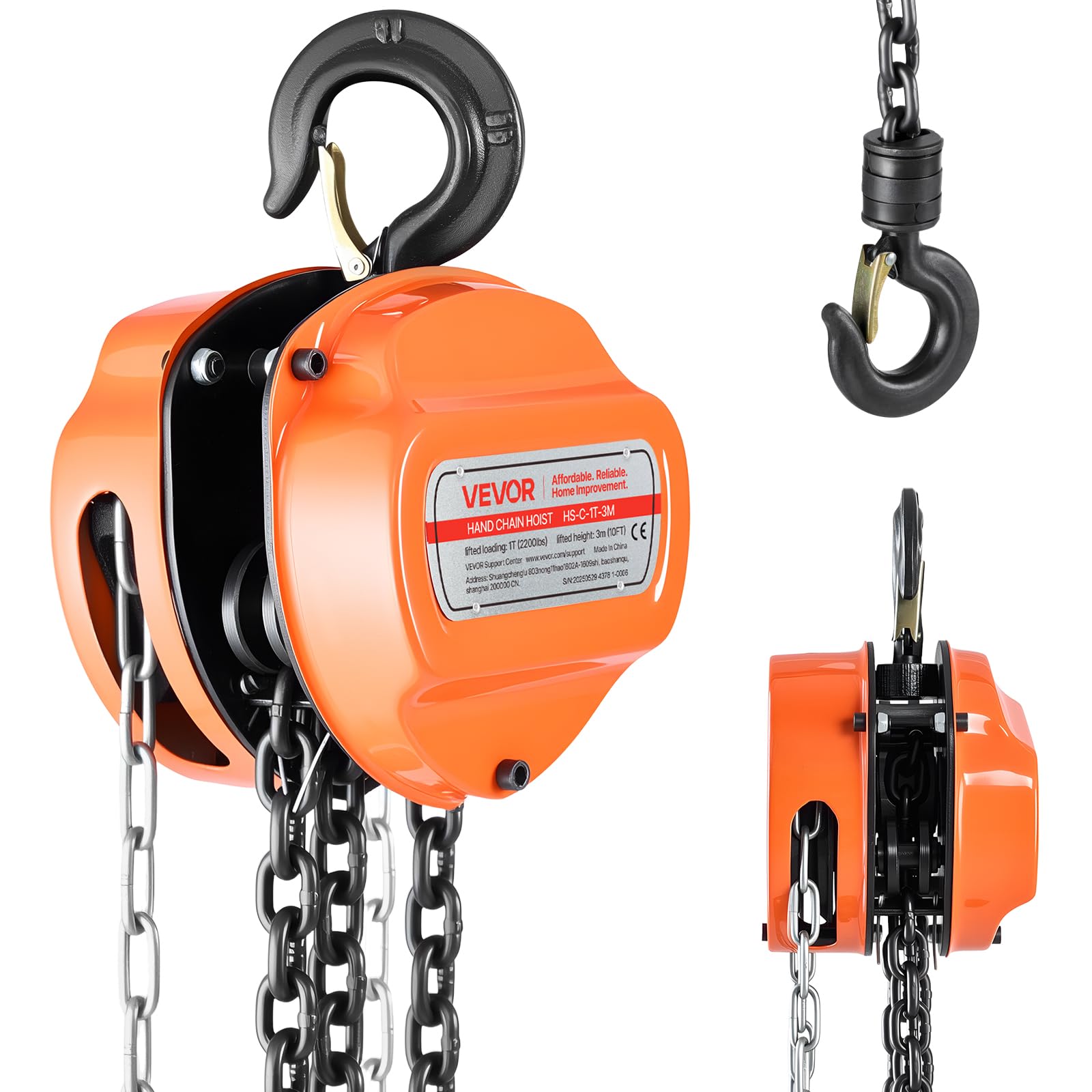 VEVOR Hand Chain Hoist, 1 Ton 2200 lbs Capacity, Manual Chain Block with Upgrade G80 Galvanized Chain, 10 ft Lifting Height, Heavy Duty Pulley Hoist for Garage Warehouse Automotive Machinery, Orange