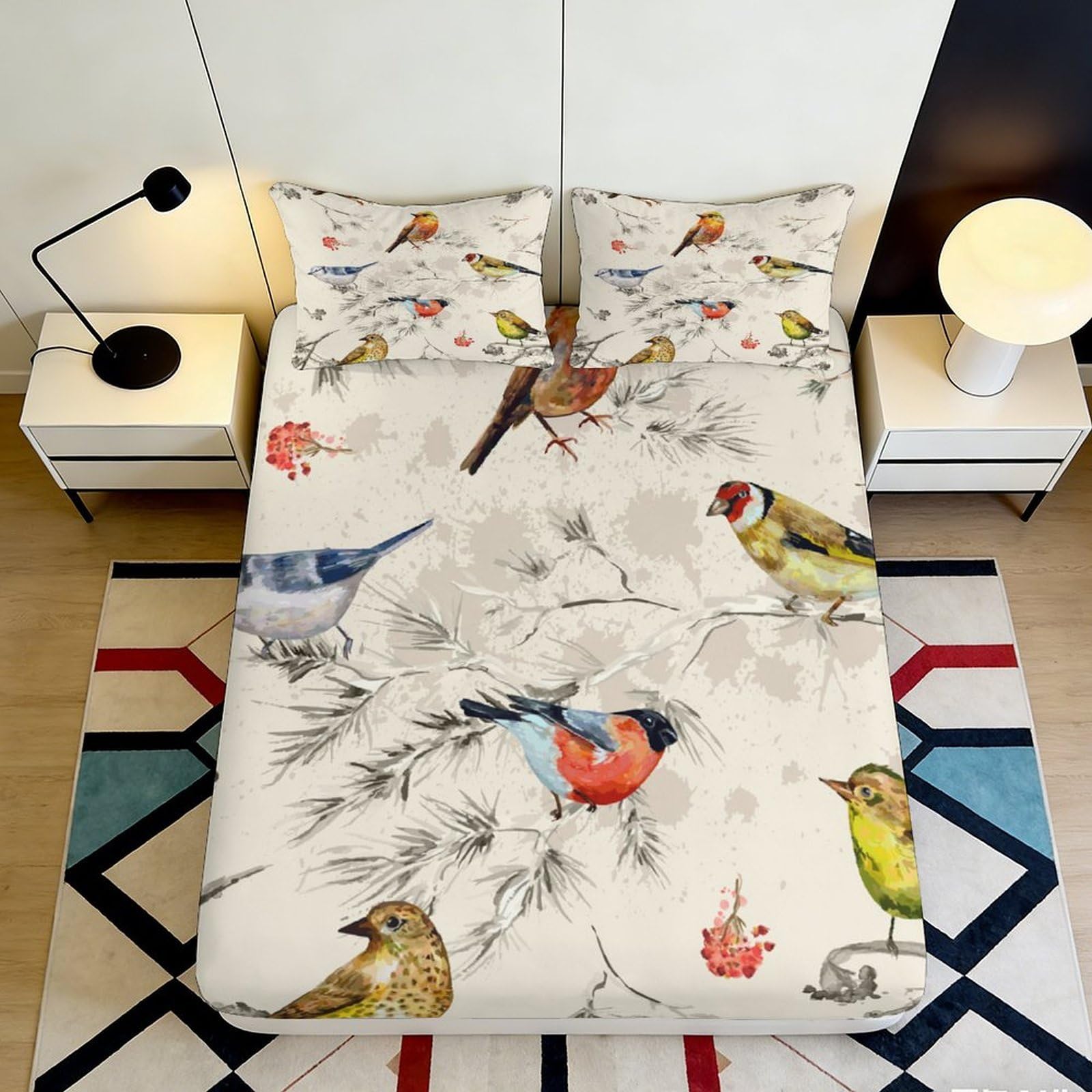 3D Printed Watercolor Birds Fitted Sheet Microfiber Anti-Slip Forest Song Mattress Cover Bedroom Decor 160x200x25cm
