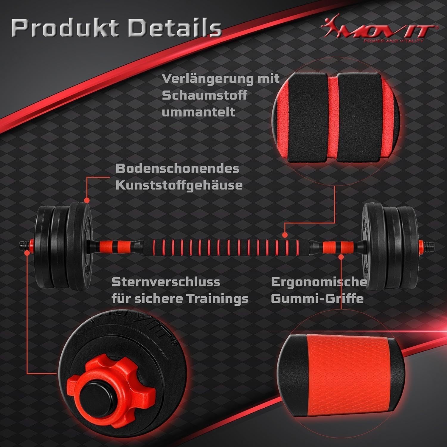 MOVIT Hanteln Set - 6in1, 20/30kg, XXL, Verstellbar, Kunststoff, Push Up Griffe, Schwarz und Rot/Orange - Dumbbell Set, Hantel Gewichte, Verstellbare Kurzhanteln, Kettlebell, Hantelset für Zuhause
