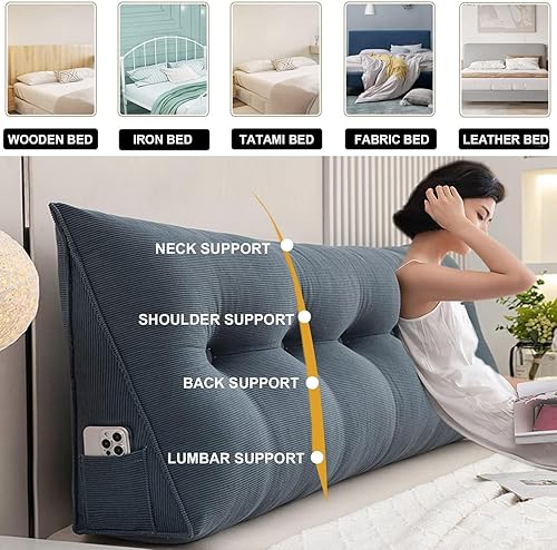 Miniatura 10 de Almohada grande triangular para respaldo, almohada de lectura suave para relleno, cojín lumbar para el hogar, lavable para dormitorio, sofá cama