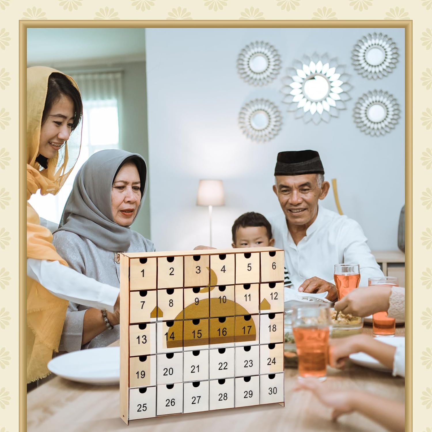 Ramadan Countdown Calendar Wooden Eid Mubarak Advent Calendar with 30 Pcs Drawer Muslim Ramadan Decoration for Home Fillable Islamic Art Gift Box Table Muslim Gifts Party Supplies