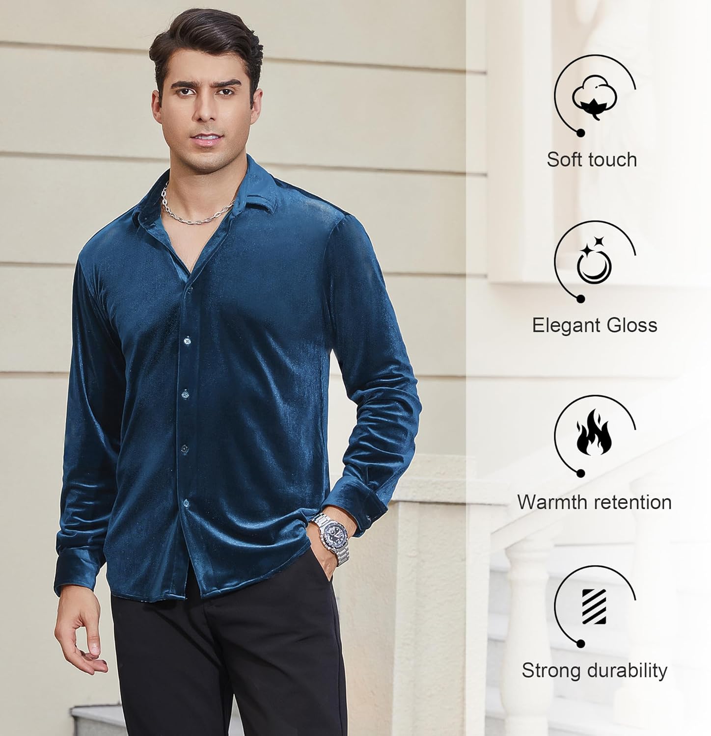 Damipow Mens Luxurious Velvet Dress Shirts Long Sleeve Casual Button Down Shirt for Wedding Party - Image 5