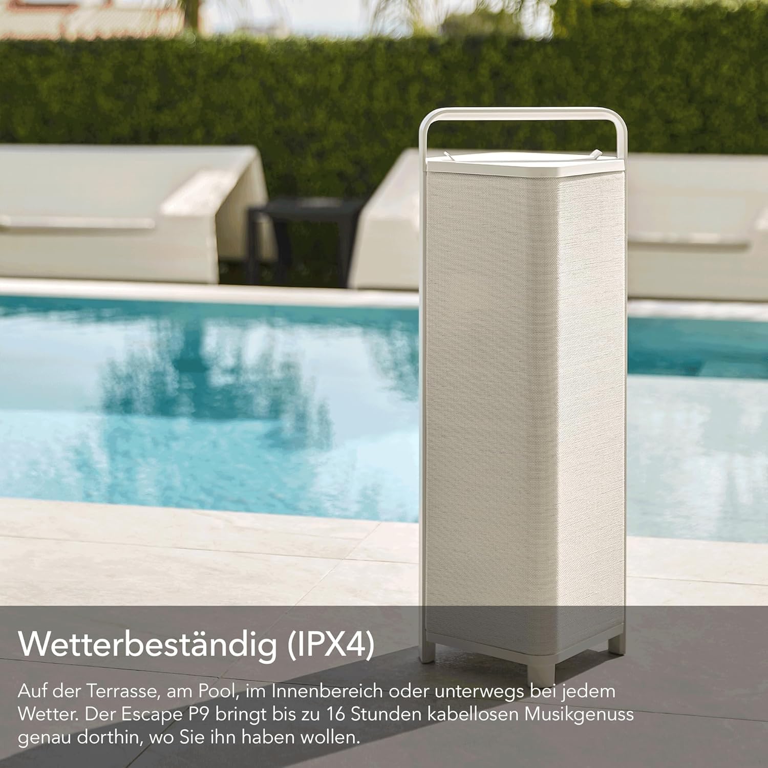 Escape P9 Outdoor Bluetooth Lautsprecher (IPX4 wetterfest, 100 Watt, 16h Akkulaufzeit, kabellos, tragbar) Weiß - HiFi für Ihren Garten