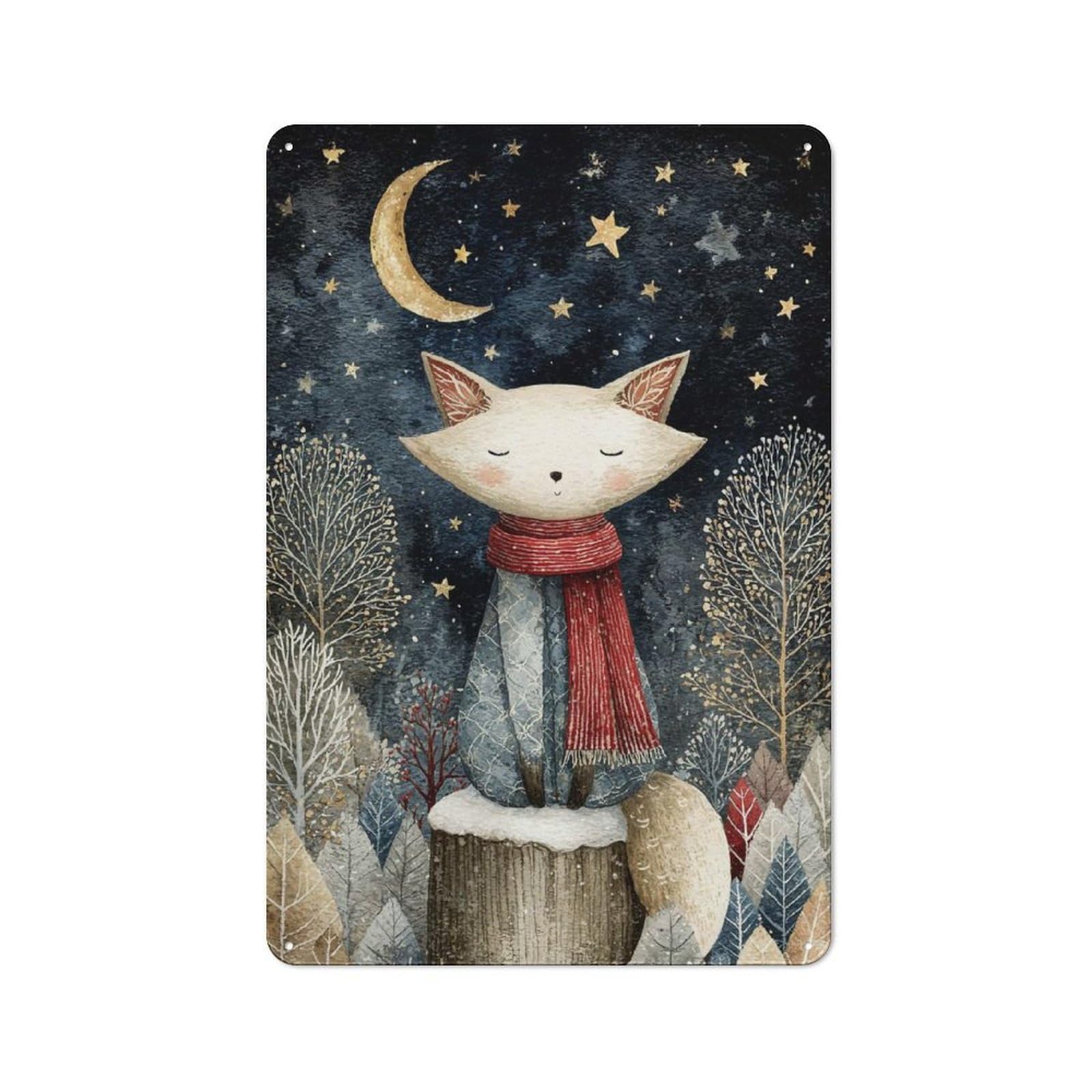 Junmoney Style-1 Industrial Fox In Winter Night Watercolor Retro Metal Sign 30X20cm, Shed Wall Plaque For Garage, Workshop, Shed Or Utility Room