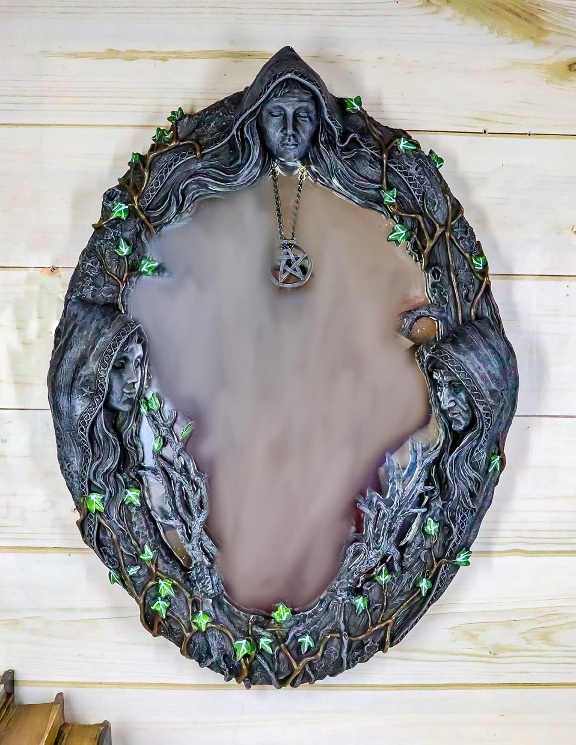 Ebros Celtic Sacred Moon Triple Goddess Mother Maiden Crone Wall Hanging Mirror With Pentagram Amulet Pendant Plaque Decor 17" Tall Hecate Brigid Wicca Wiccan Holy Trinity Decor Sculpture Decorative