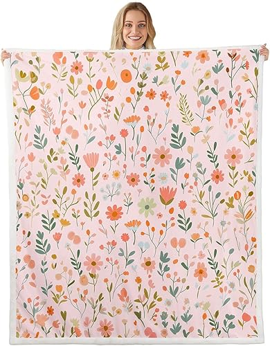 Manfei Pink Flower Throw Blanket Watercolor Floral Leaves Print Fleece Blanket Plants Wildflower Cozy Throws for Bed Couch Sofa,Kids Boys Girls Room