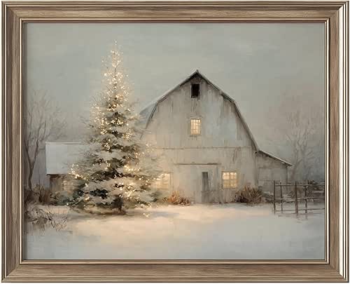 Farmhouse Christmas Barn Wall Art Print, Rustic Winter Snow Scene